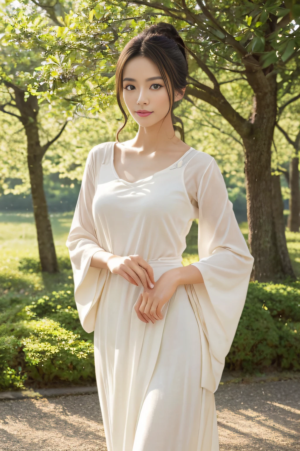 (high-level image quality、hightquality、16K resolution),harmony、tenderness、Serene、​masterpiece:1.5、(A Japanese Lady,Good looks)、(Perfect limbs、perfect anatomia,Healthy body)、Fashionable clothes、Beautiful skin、celestial realm、Rich in nature、