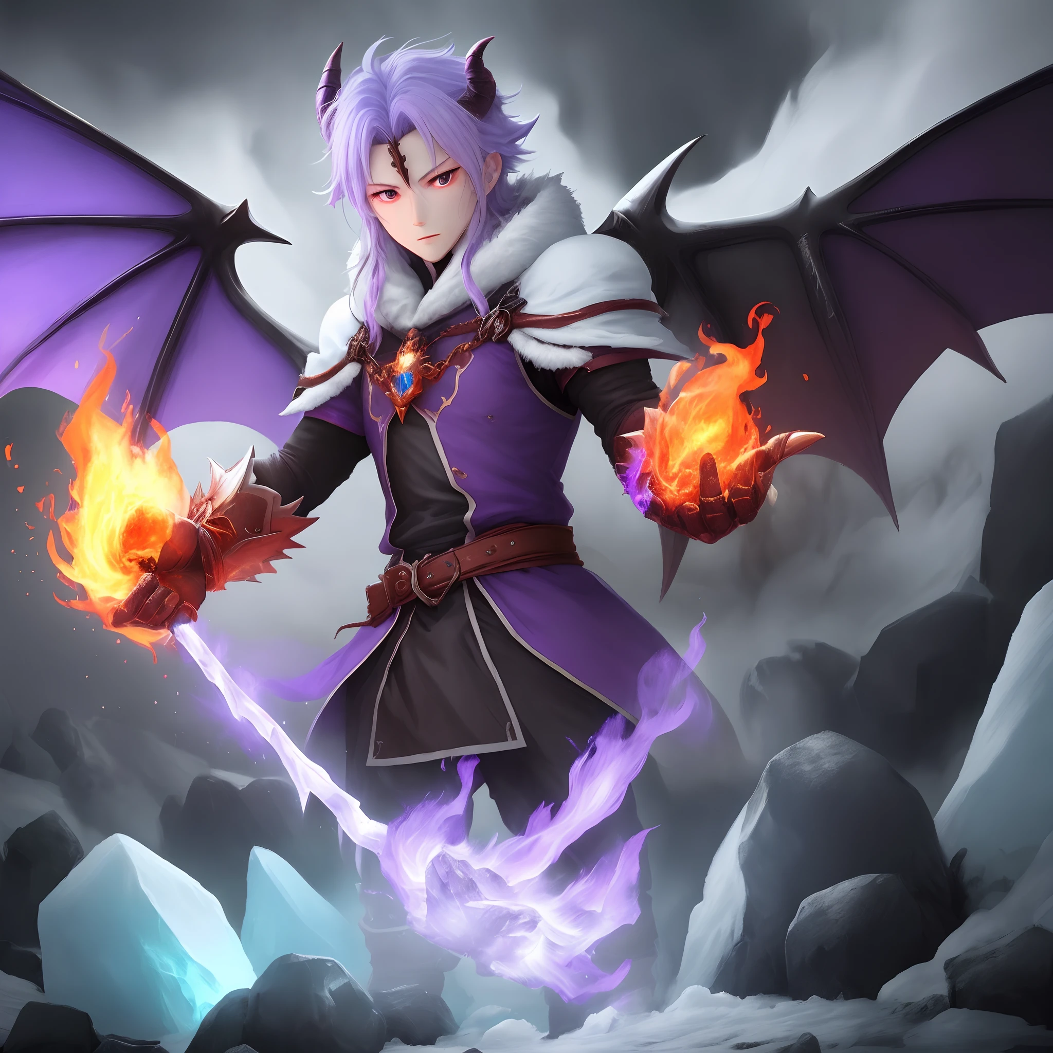 Man, demon wings, fire rigth hand, Ice left hand, purple energy