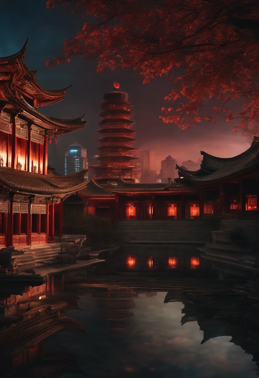 The top half of the picture is a high-rise building with a technological style，Below are ancient Chinese buildings，There is a black-cloaked assassin on the building