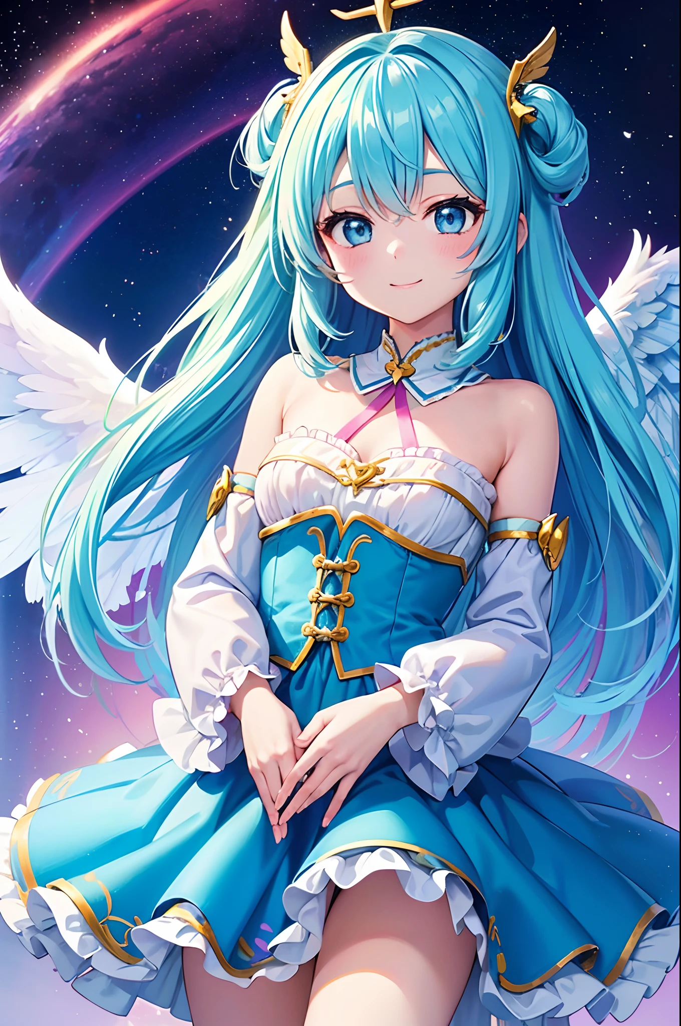 Big wings of colorful angels、Kawaii Girl、adorable smiling、Light blue long hair、Twin-tailed、Colorful angel costume((top-quality))、((​masterpiece))、(ighly detailed、highestdetailed、Official art、Beautifully Aesthetic:1.2)