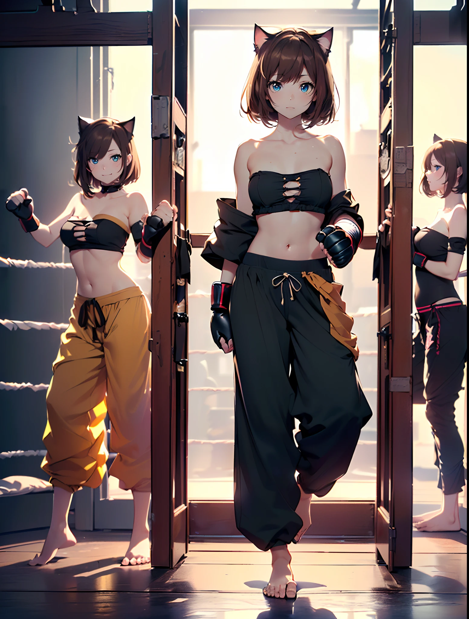 (best quality,4k,8k,highres,masterpiece:1.2),ultra-detailed, (((cat girl))), ((brown hair)), ((hyper cute)), ((perfect face)), (((full body))), ((perfect body)), (((standing pose))), ((((very baggy and long harem pants)))), (((bare feet))), (((strapless top))), (((martial fighting gloves))), (((detailed clothes))), ((fully detailed)), illustration,vivid colors