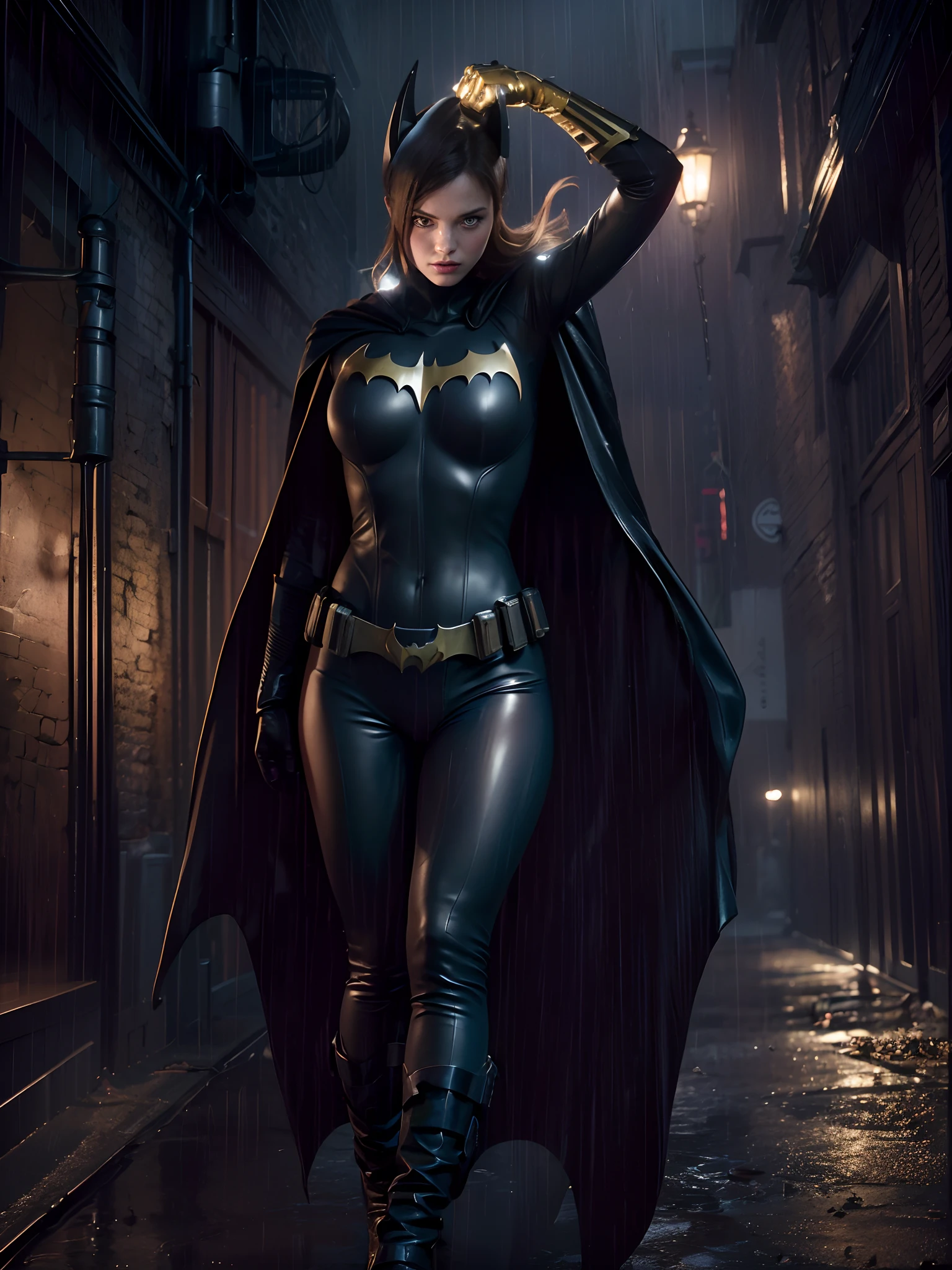 Batgirl pulls of her cowl, dark ally,creepy, haunting, ominous, shadows, contrast, texture, depth, gritty, color palette:cool tones, light coming from the door, subtle highlights and shadows, (RAW, analogue, Nikon Z 14mm ultra wide angle lens, award-winning glamor photography, ((best quality)), ((masterpiece)), ((realistic)), skin pores, subsurface scattering, light rays radiant, high resolution, detailed facial features, great detail, sharp focus, soft, aesthetic, extremely detailed, (light blue eyes), ((extremely detailed eyes, extremely detailed iris)), extremely detailed hair,  [flat chest::0.6], (((flat chest))),((proportionate body)), extremely detailed skin, extremely detailed clothing, octane rendering, photorealistic, realistic, post-processing, maximum detail, realistic shadows, roughness, texture natural skin, real life, ultra realistic, photorealism, photography, 8k UHD, photography, hdr, intricate, elegant, highly detailed, sharp focus, stunning, beautiful, gorgeous, beautiful and realistically detailed age girl like Batgirl,(brunette), teen, full body visible, realistic skin, photorealistic and realistic cinematic shot (extremely detailed CG unity 8k wallpaper), trending on ArtStation, trending on CGSociety, high detail , sharp focus, dramatic and beautiful background, full shot, high quality, (beautiful face), (detailed face), batgirl gloved hand in a fist, batgirl gold gloved hand, leather texture, rubber suit, intricate details on the gloves, shadows and highlights emphasizing the hand