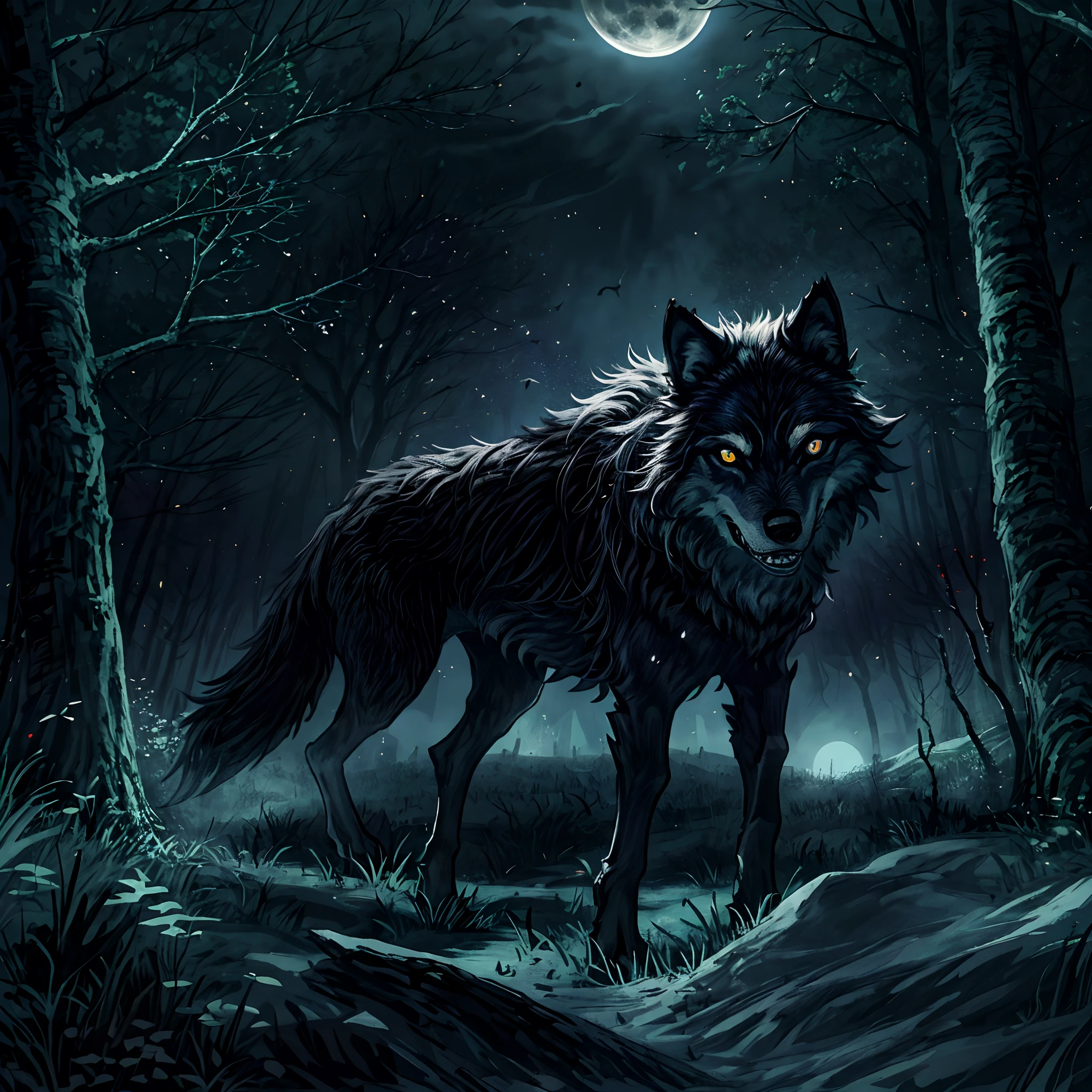 tags: dark wolf, moonlight, mysterious, sharp teeth, glowing eyes, haunting, midnight, eerie atmosphere, solitude, Forest presents high-quality images of dark wolves staying in the moonlight。To achieve this effect, the following points need to be followed：

1. Screen Principal：
- A dark wolf（Dark wolf）：In the center of the picture is a dark wolf，Strong body、straight，Mighty。
- Stay under the moon（Stay in the moonlight）：The wolf stays in the moonlight scene，The moon shines down from above the picture，Illuminates the whole picture。

2. Material：
- Mysterious（mystical）：The picture presents a mystery、Incredible feeling，It makes people feel deeply curious。
- Haunting（Disturbing）：The image of the wolf and its surroundings make a disturbing impression，Fascinating and amazed。

3. Additional details：
- Sharp teeth（dentes pontiagudos）：The wolf showed its sharp teeth，Show its strength and wildness。
- Glowing eyes（glowing light eyes）：The wolf's eyes glowed faintly，Added mystery and unease。
- Eerie atmosphere（Terrible atmosphere）：The picture creates a terrifying and unusual atmosphere，Makes the viewer shudder。

4. image quality：
- Best quality, 4k, highres, masterpiece:1.2（Best Picture Quality，4K，A high resolution，tmasterpiece：1.2）：You want the resulting image to have the best quality、A high resolution，And to be able to reach the level of masterpiece。
- Ultra-detailed（hyper-high detail）：I want the picture to show super high detail，Enables the viewer to feel every tiny detail。

5. art-style：
- Mysterious landscape（mystical landscapes）：I hope that the whole picture presents a mysterious landscape，Let the viewer feel inexplicably curious and yearning。

6. Color tones：
- Dark tones（Dark tones）：The picture is dominated by dark tones，It gives a sense of mystery and elusiveness。

7. lamplight：
- Moonlight（rays of moonlight）：The only light source in the picture is moonlight coming down from the moon above，It adds a dark light and shadow effect to the whole picture，Complements the dark-to