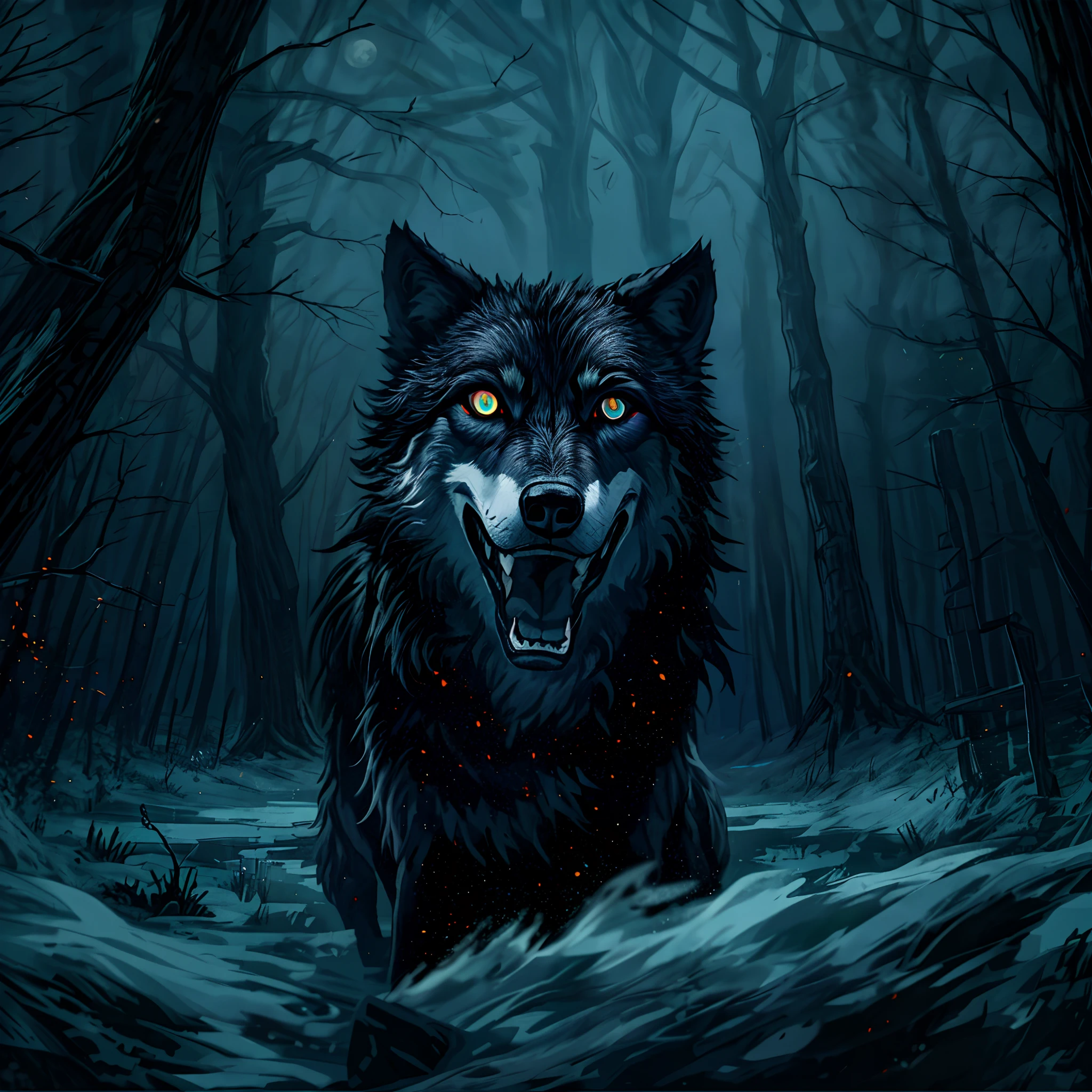 tags: dark wolf, moonlight, mysterious, sharp teeth, glowing eyes, haunting, midnight, eerie atmosphere, solitude, Forest presents high-quality images of dark wolves staying in the moonlight。To achieve this effect, the following points need to be followed：

1. Screen Principal：
- A dark wolf（Dark wolf）：In the center of the picture is a dark wolf，Strong body、straight，Mighty。
- Stay under the moon（Stay in the moonlight）：The wolf stays in the moonlight scene，The moon shines down from above the picture，Illuminates the whole picture。

2. Material：
- Mysterious（mystical）：The picture presents a mystery、Incredible feeling，It makes people feel deeply curious。
- Haunting（Disturbing）：The image of the wolf and its surroundings make a disturbing impression，Fascinating and amazed。

3. Additional details：
- Sharp teeth（dentes pontiagudos）：The wolf showed its sharp teeth，Show its strength and wildness。
- Glowing eyes（glowing light eyes）：The wolf's eyes glowed faintly，Added mystery and unease。
- Eerie atmosphere（Terrible atmosphere）：The picture creates a terrifying and unusual atmosphere，Makes the viewer shudder。

4. image quality：
- Best quality, 4k, highres, masterpiece:1.2（Best Picture Quality，4K，A high resolution，tmasterpiece：1.2）：You want the resulting image to have the best quality、A high resolution，And to be able to reach the level of masterpiece。
- Ultra-detailed（hyper-high detail）：I want the picture to show super high detail，Enables the viewer to feel every tiny detail。

5. art-style：
- Mysterious landscape（mystical landscapes）：I hope that the whole picture presents a mysterious landscape，Let the viewer feel inexplicably curious and yearning。

6. Color tones：
- Dark tones（Dark tones）：The picture is dominated by dark tones，It gives a sense of mystery and elusiveness。

7. lamplight：
- Moonlight（rays of moonlight）：The only light source in the picture is moonlight coming down from the moon above，It adds a dark light and shadow effect to the whole picture，Complements the dark-to