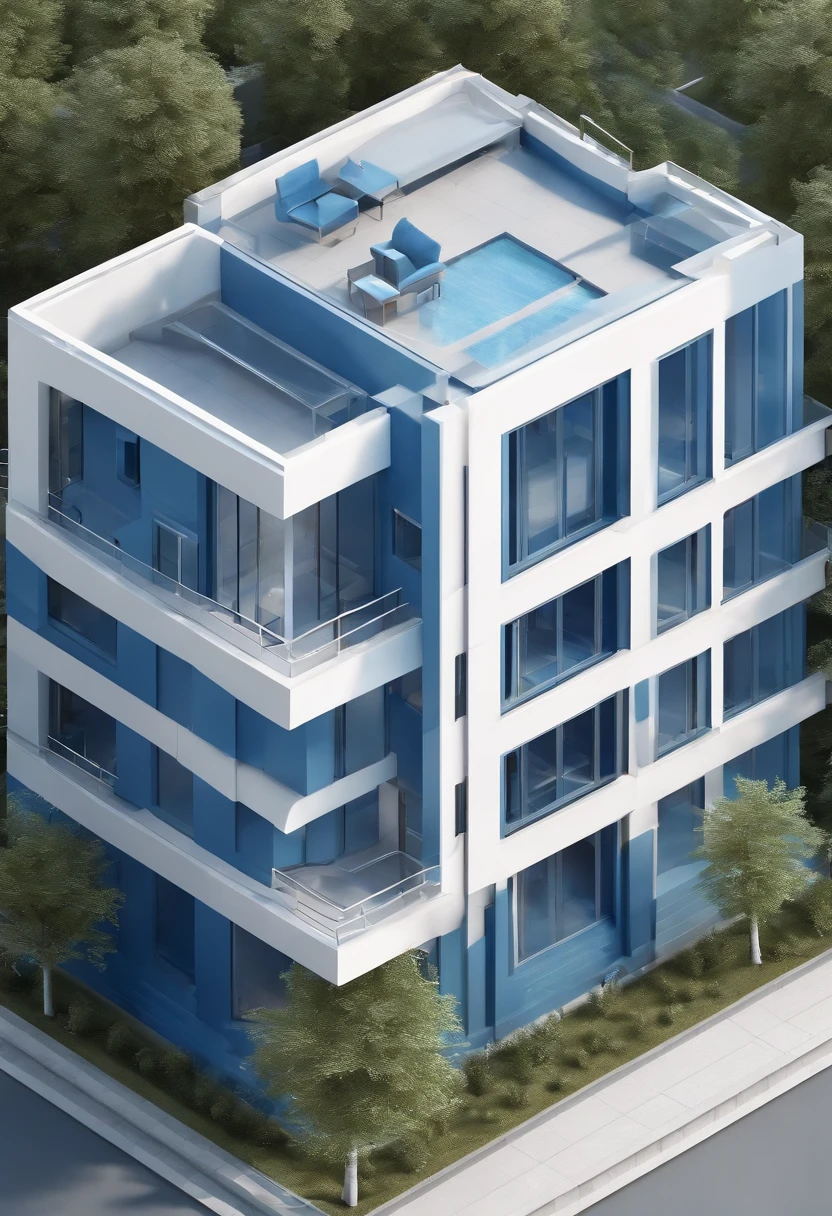 Isometric of a residential building, axonometry, two colors, cad style, blue lines white fill, dualtone, light blue flat shadows. light gray background