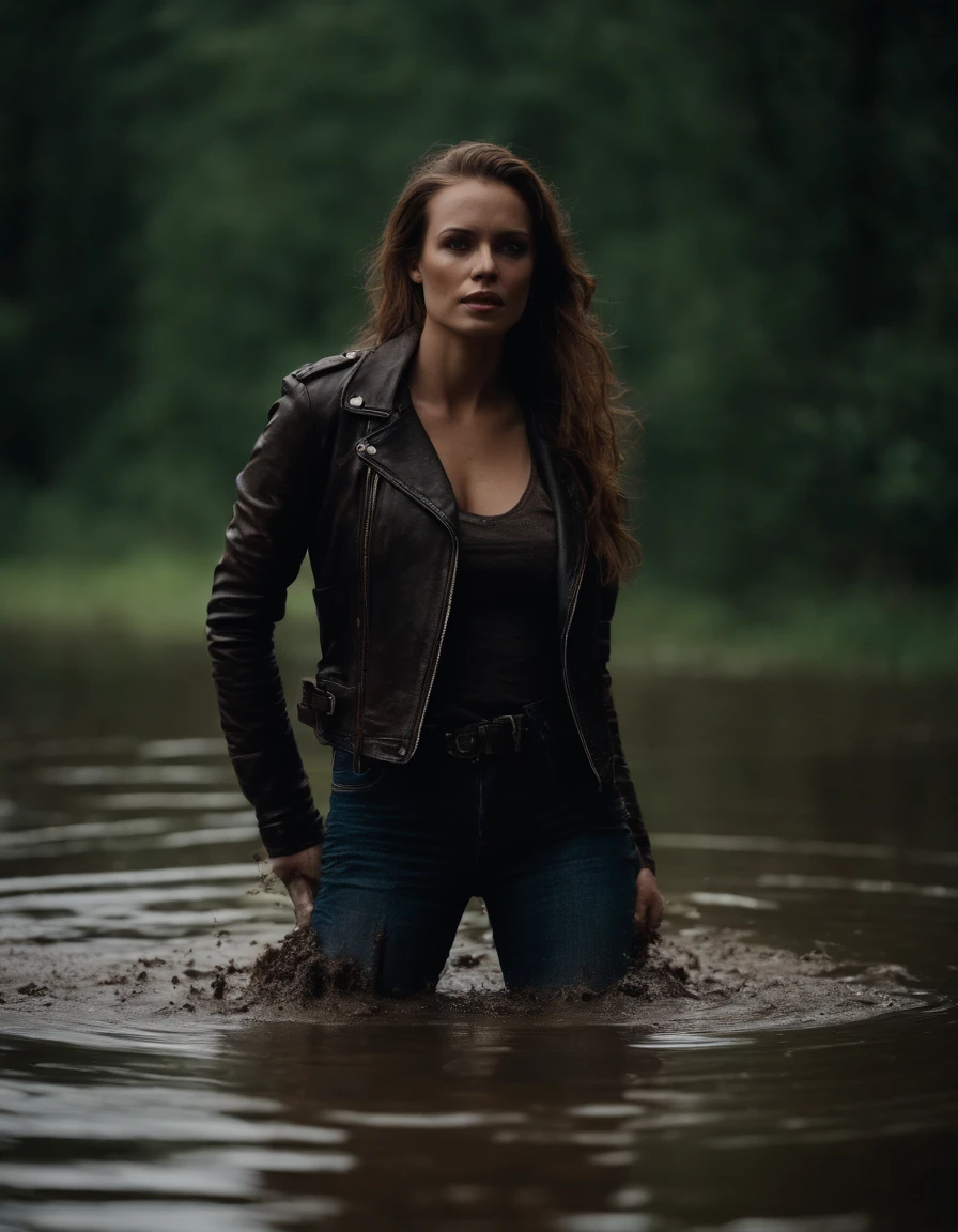 a closeup of a. woods. Tormented by lust, A woman drowns in a mud swamp . He's up to his thighs in mud. She is dressed in jeans and a leather jacket.