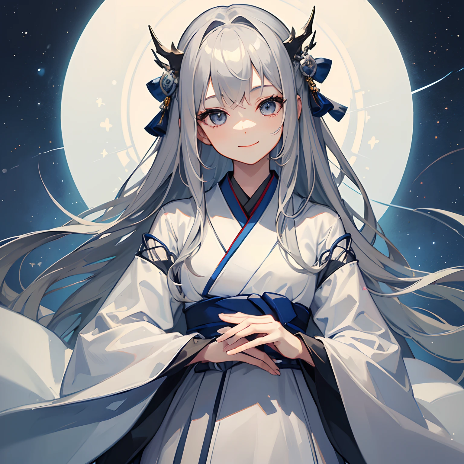 (masterpiece、top-quality:1.3)、1girl 、long hair, Silver hair, modern kimono dress, up close, upper body, detailed grey eyes, no hands, no arms, happy smile