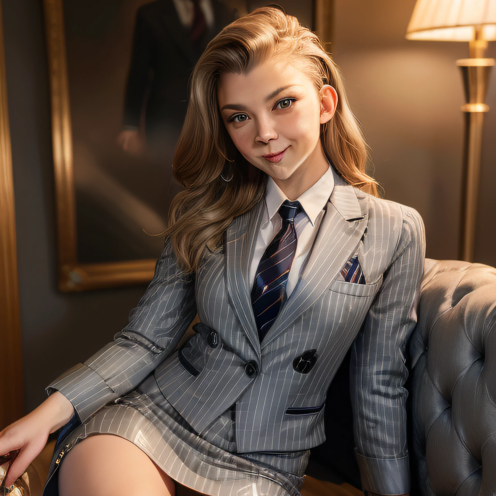 natalie dormer, a woman sitting at a talk show, masterpiece, ,(solo:1.1), Natalie Dormer, perfect face, (bright lighting:1.2),beautiful detailed eyes, close up, extremely detailed face, perfect lighting,masterpiece, best quality, ((mature female)), milf, 1 woman, (((light grey pinstripe skirt suit))), (((three-piece suit))), (((silk necktie))), windsor necktie, (((dress shirt))), (((blazer))), (((suit jacket))), (((waistcoat))), bodycon miniskirt, pencil skirt, tie clip, pocket watch, pocket square, cufflinks, solo focus, fully clothed, smartly dressed, smiling, elegant hair, long hair, sultry, smiling, open mouth smile