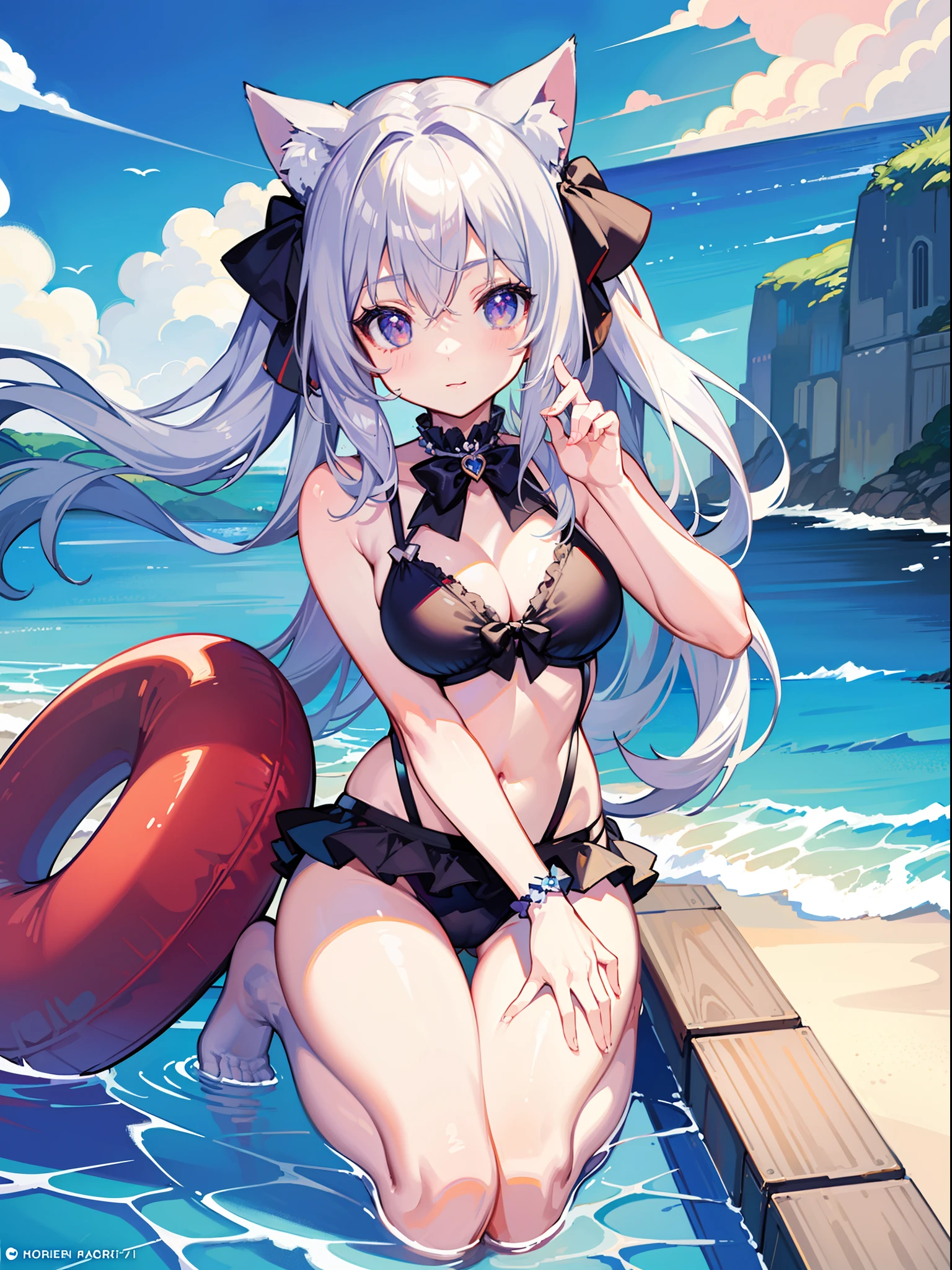 (Masterpiece), (Best Quality Anime Illustration), (Super Definition), One Girl, Solo, Beautiful Girl with Silver Hair, Anime , Cat Ears Lolixy Swimsuit, Bold Pose, Beach