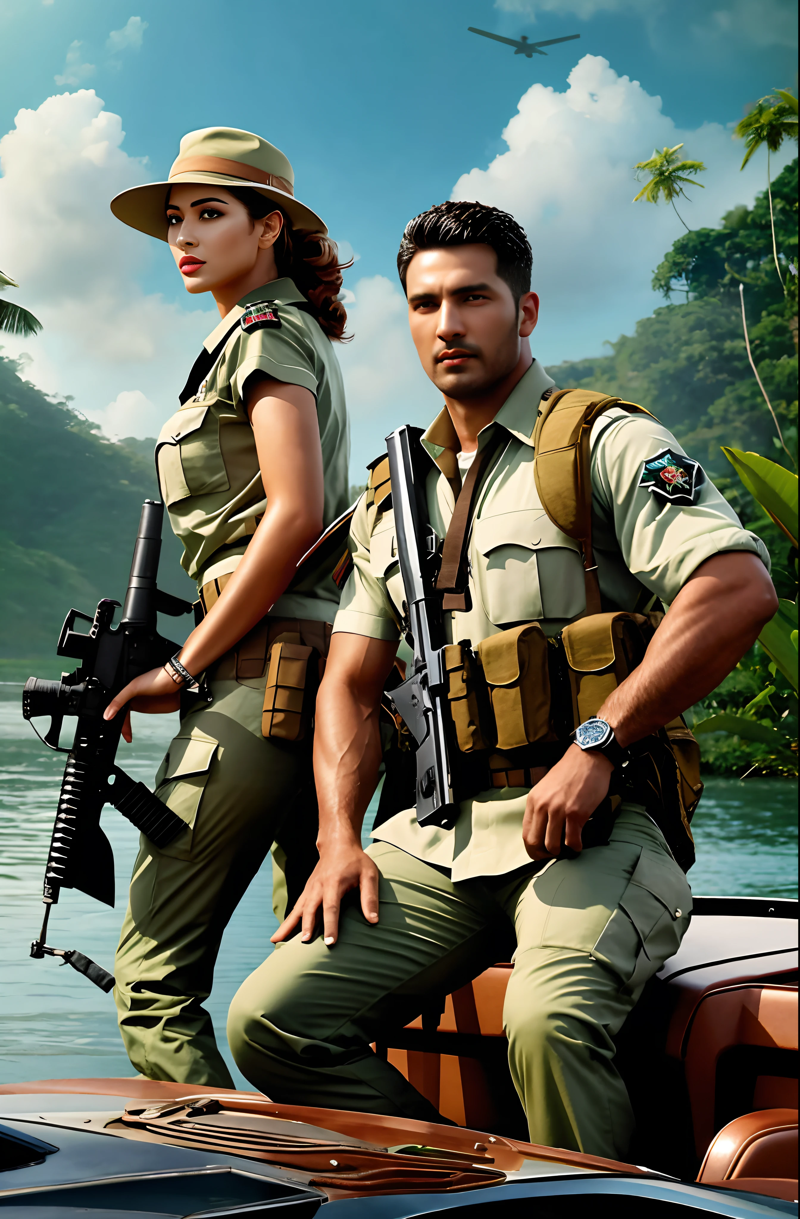hiperrealista, There are two Brazilian people in military uniforms posing for a photo, foto promocional, cartaz do jogo, capa de romance, foto detalhada da foto do jogo, game foto, promotional render, Cartaz Promocional do Jogo, Mais detalhes, lindo guarda florestal de 40 anos de idade, na selva, bela guarda florestal 35 anos de idade, wallpaper mobile, foto de fundo, foto chave, foto do jogo de capa, foto do jogo, Selvas ao fundo, Fanart, foto de retrato, Limpeza da selva