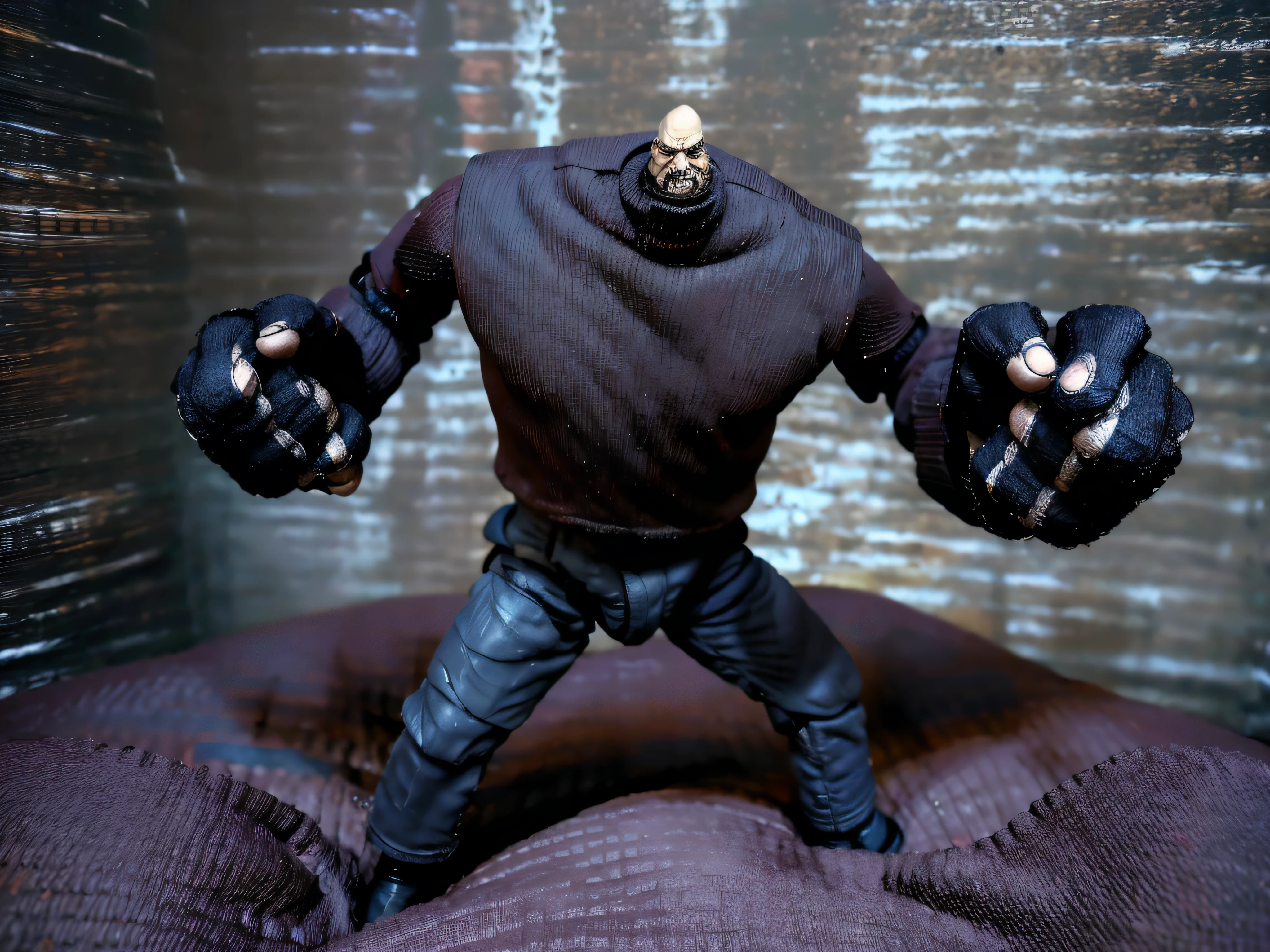 tiny, 1feet 7inches tall, 1action figure pinhead ((standing on top)) giant childs bed, dark 's bedroom at night, background dark bedroom:1.5, movie prop from film puppet master 2, Depict in a haunting and menacing pose, evoking its sinister nature and its unsettling ability to strike fear into the hearts of those who encounter it, massive hands smashing down on bed, The character's facial expression should exude a malevolent gaze and a twisted, almost sadistic smile, reflecting its ominous persona, huge arms, ((colossal hands:1.4)), (tiny:1.5, disproportionate head), background dark bedroom:1.5,