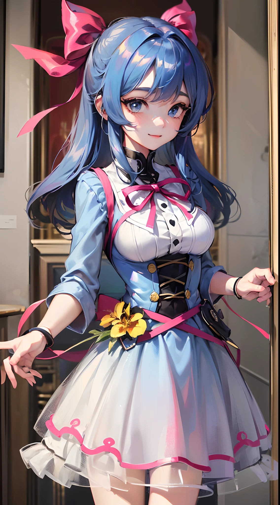 ((Finest quality)),(超A high resolution),(ultra-detailliert),((Best Anime)),sharpnes,Vivid:1.1,The art of astounding depiction, ((teens girl:1.8)),(Large ribbon:1.3),greyt hair:1.3,Dainty clothes:1.5,Look at with a smile