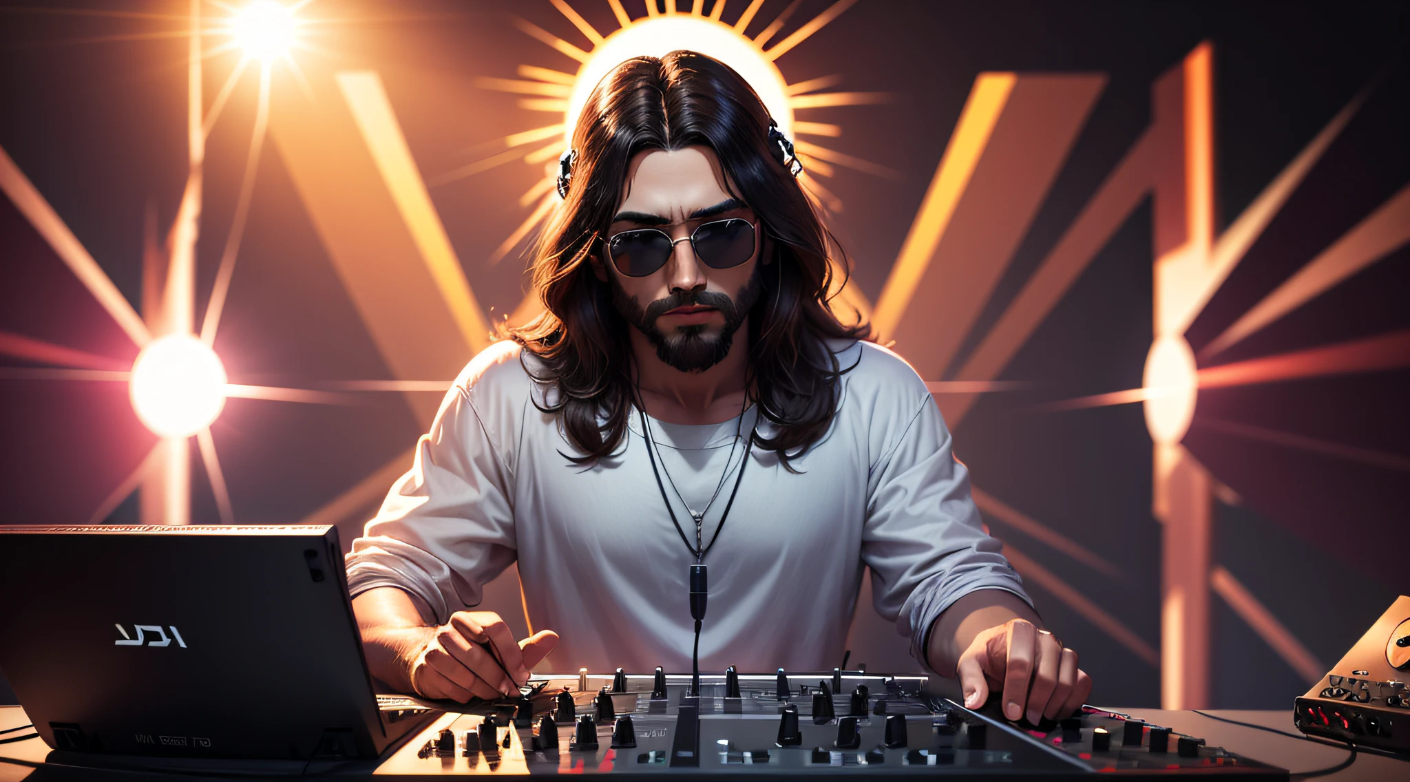 Image of Jesus Christ as a dj in heaven, cool head set, heaven, sun glasses,