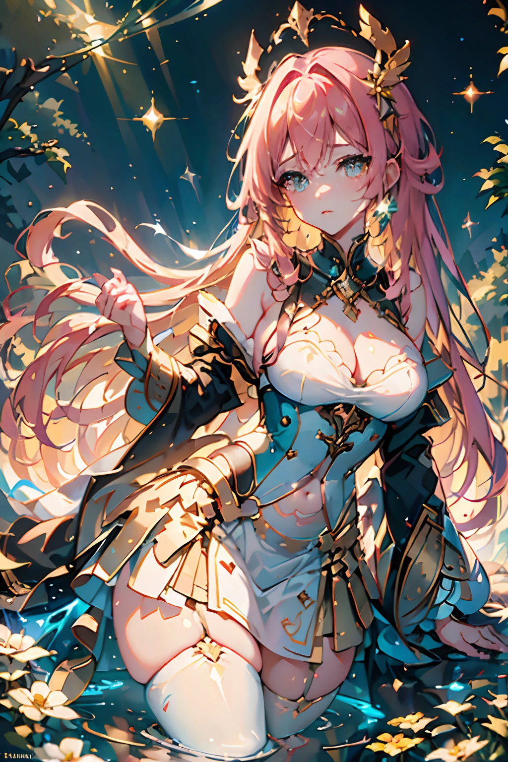(Masterpiece:1.2), full body, random cloths, best quality, (illustration:1.2), ornate decorations,(Masterfully crafted Glow, lens flare), (ultra-detailed), hyper details, (delicate detailed), (intricate details), (cinematic light, best quality Backlights),(bioluminescent hair), (glowing eyes), (Dynamic:1.2), ((makeup)), absolutely eye-catching, prehistoric,((colourful paint splashes on background, dulux,)), ((caustic)), dynamic angle, (Captivating),(Intricately Detailed Cinematic :1.1), ambient occlusion, ambient light, ray-traced reflections,(best illumination, an extremely delicate and beautiful), ((cinematic light)), colourful, powerful, (Cinematic masterpiece),big dreamy eyes, perfect proportions, perfectly drawn face, Albedo, white hair, chains, comfortable, Intense, day, Golden sky, Inticing, illustration, Angels everywhere, yellow eyes, red roses, chains, splashes of colour, smooth soft skin, Golden Hour, atmospheric, Park, Fields, Bullets, Breath-taking, ambient light coming from sky, soft warm glow coming from chains, god rays, halo, beautiful intricate coloured hair, symmetrical, soft lighting, , concept art, digital painting, looking into scenery, realistic reflections, tracers everywhere