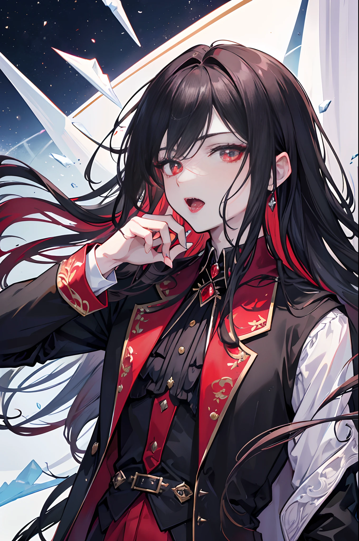 Close up, portrail of a handsome ((young man)) vampire, open mouth showing very long fangs, ready to bite the viewer, crystal sapphire eyes, red lips, long wavy hair, very black hair. Elegant gala uniform, highly detailed,