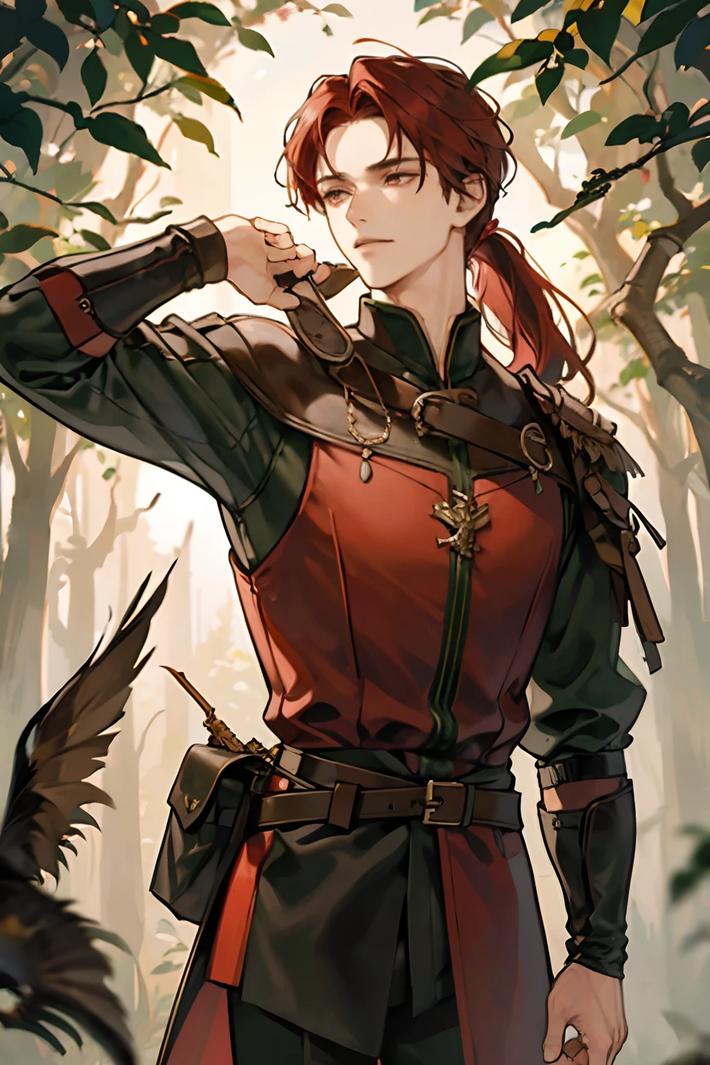 1male, adult face, handsome, a hunter, plain clothing, an archer, middle ages, fantasy setting, 1500s, in a forest woodlands, condescending expression, dark red hair with low ponytail