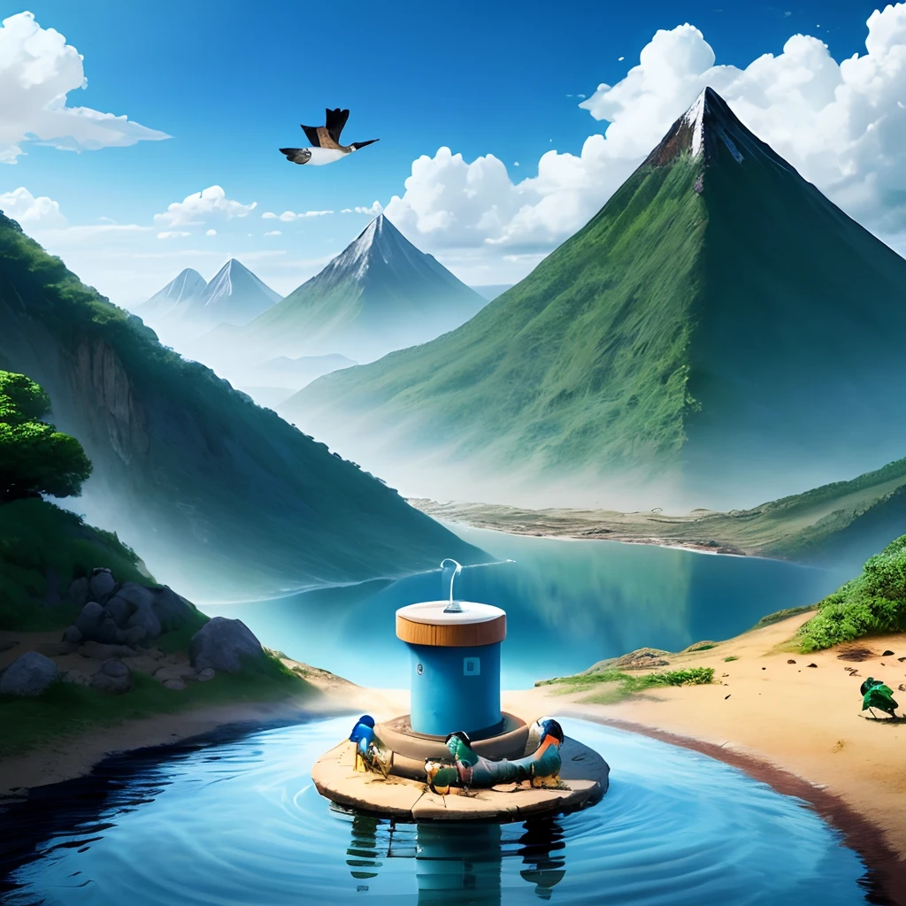 Image of mountains with a blue well with macaws and Amazon animals drinking water