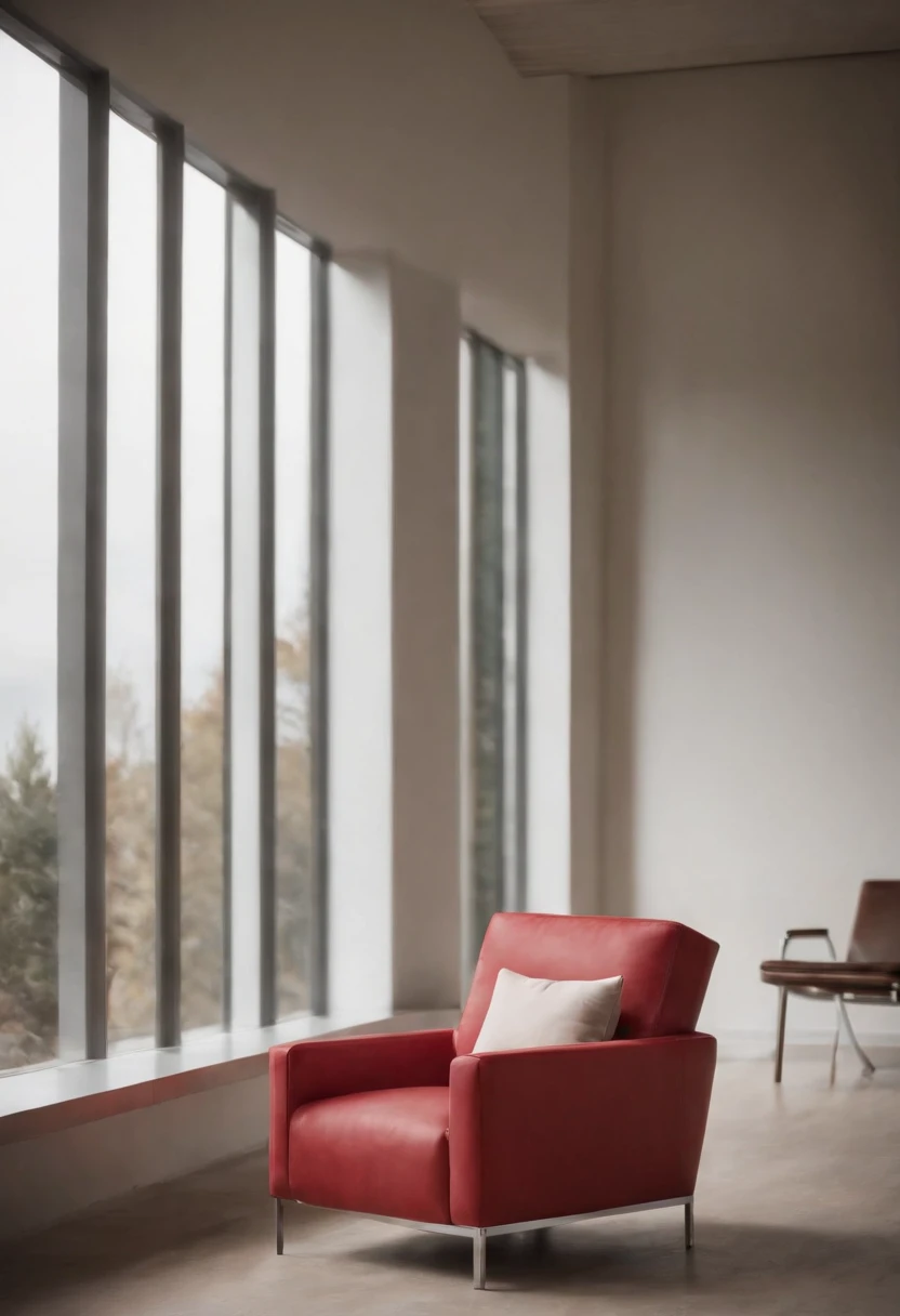 Uma imagem minimalista com uma poltrona ultramoderna vermelha com detalhes em inox em um fundo totalmente branco, The only additional element is the shade of the chair. foto de comercial estilo e elegancia