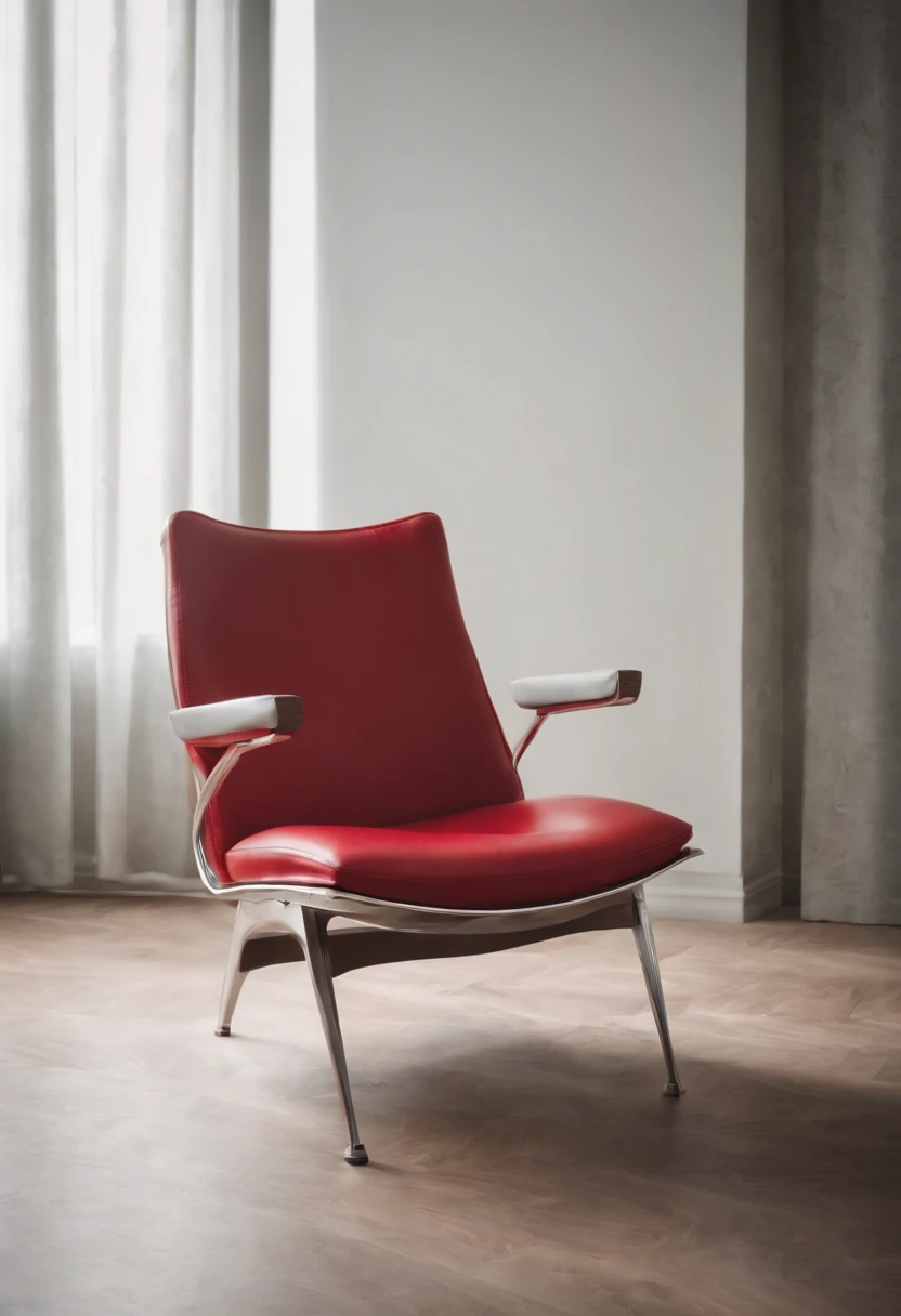 Uma imagem minimalista com uma poltrona ultramoderna vermelha com detalhes em inox em um fundo totalmente branco, The only additional element is the shade of the chair. foto de comercial estilo e elegancia