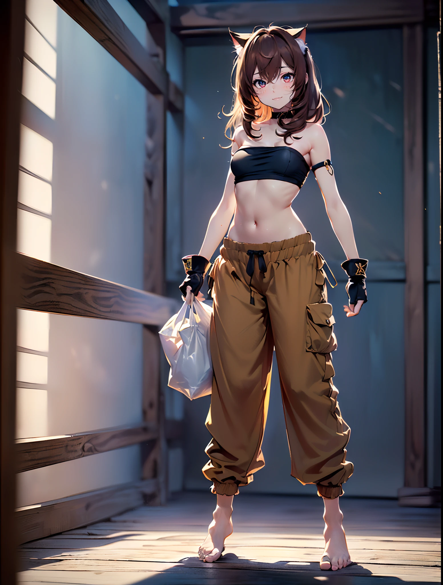 (best quality,4k,8k,highres,masterpiece:1.2),ultra-detailed, (((cat girl))), ((brown hair)), ((hyper cute)), ((perfect face)), (((full body))), ((perfect body)), (((standing pose))), ((((very baggy and long harem pants)))), (((bare feet))), (((strapless top))), (((martial fighting gloves))), (((detailed clothes))), ((fully detailed)), illustration,vivid colors