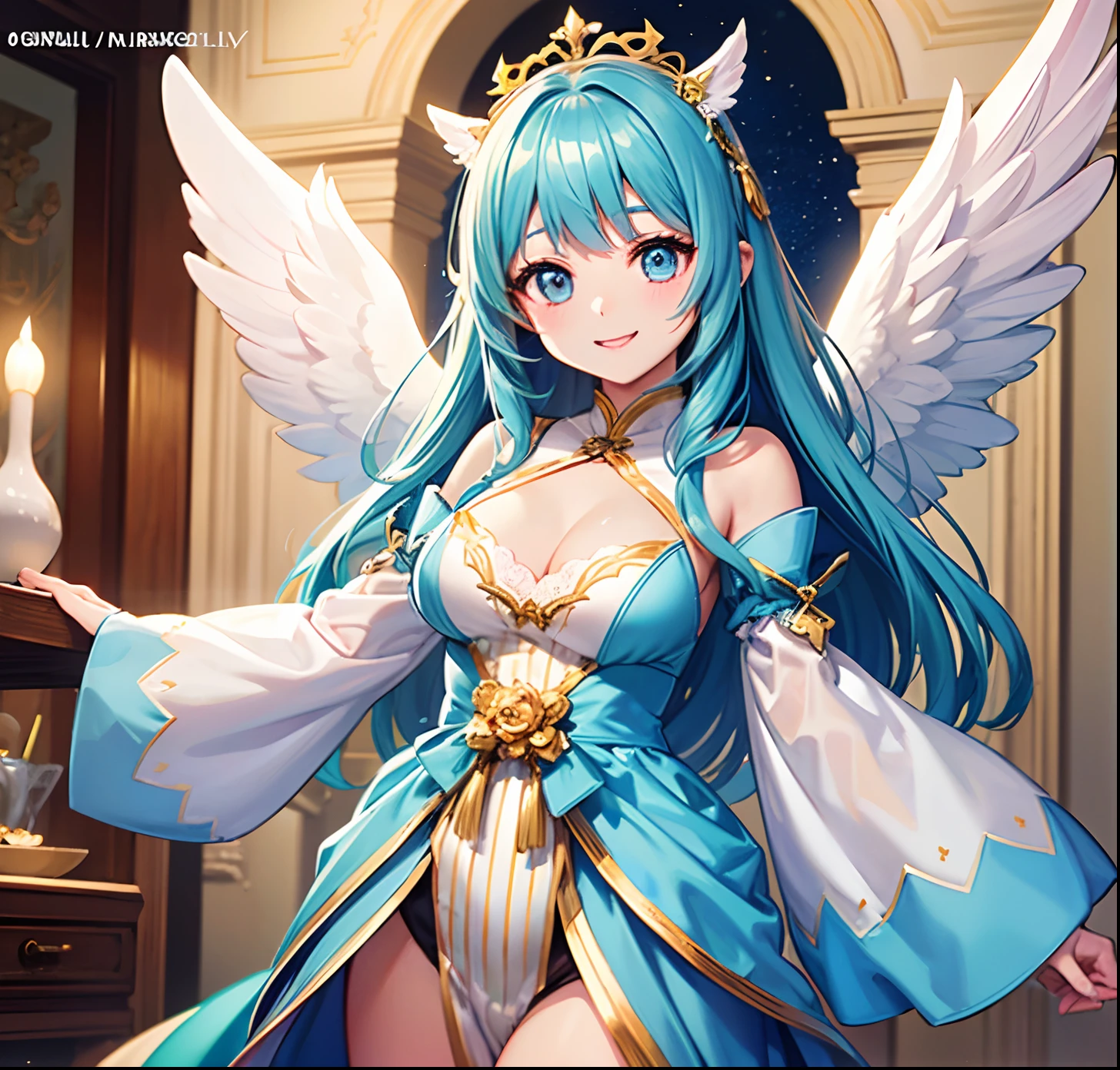 Colorful glowing angel wings、Kawaii Girl、adorable smiling、Light blue long hair、Twin-tailed、Colorful angel costume、Pink and white costume　((top-quality))、((​masterpiece))、(ighly detailed、highestdetailed、Official art、Beautifully Aesthetic:1.2)