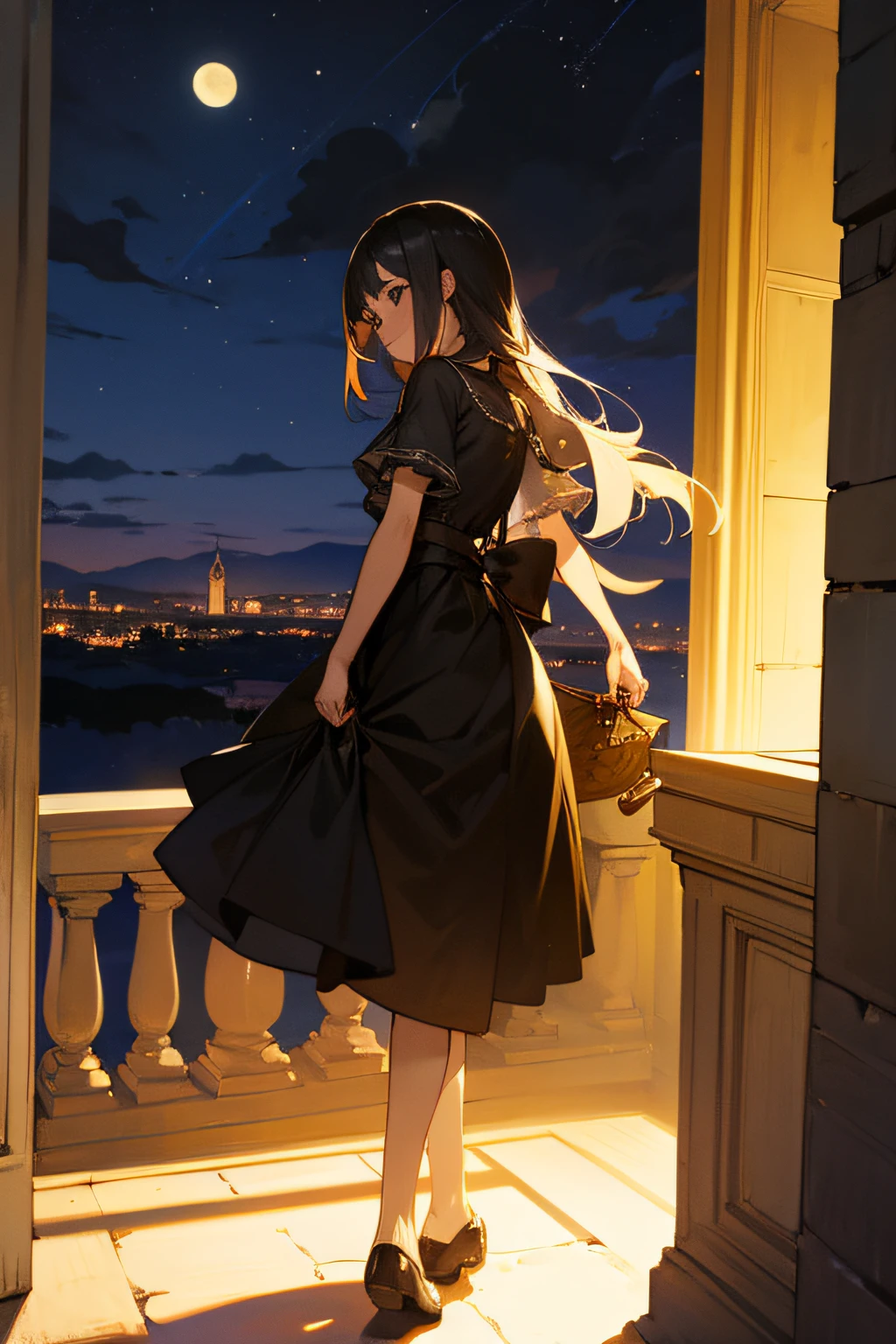 cielo nocturno, castillo, 1girl, En pie, solamente, cuerpo completo, , Maribe, mangas cortas hinchadas, cabo, bolsa