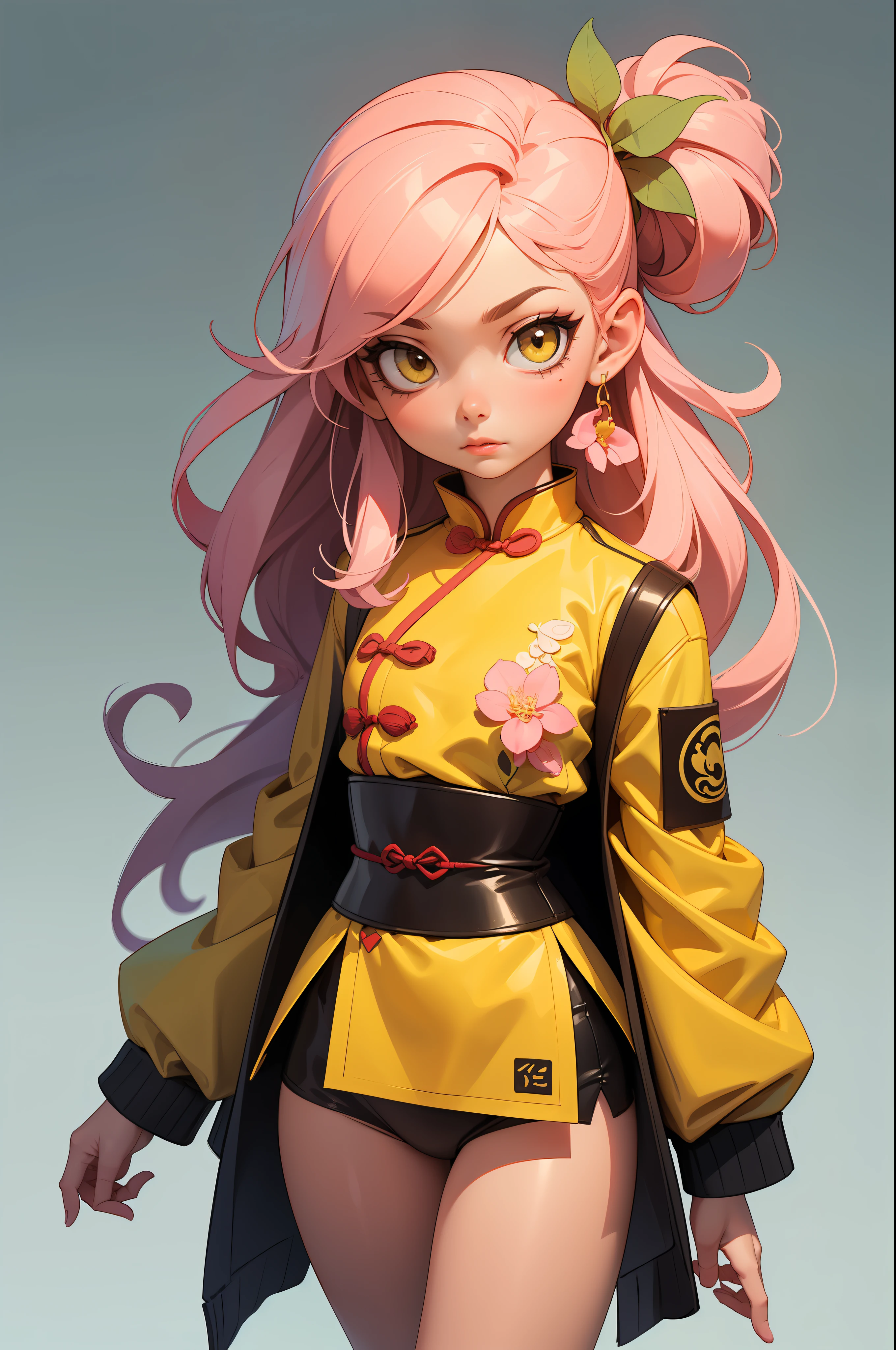 [Artwork of exceptional craftsmanship],(Detailed illustrations,Art based on extremely ideal anatomy,Very detailed and detailed drawing,Delicate lines with slow and rapid,(Realistic texture expression)),[Color tressed main line],[flower garden background],HENTAI ANIME KAWAII (Chinese Girl ([short stature] Slim body) 12year old) [chignon],((peach blossom) hair adornments) ((Yellow Kung Fu Jacket) [Ren Hao (frilld) bow ribbon]),[[tattooed] [dragon]],[gravure [Colorful]] [Kungfu [dynamicpose]],[highcontrast:0.8],(Perfectly proportioned),(Fine and beautiful skin expression [realistic skin detail]),(Design built to the highest level,[Advanced structural understanding of materials],Ideal color coordination),(Intricate and beautiful decoration (Dense detail)),(More on shiny hair),[Perfect hand details],(Beautiful perfect face [Realistic face details]),[Clear gaze],[long and beautiful eyelashes],[Perfect eye details (Eyes beautifully drawn down to the smallest detail)],(detaileds,high-detail),((Precision Detail),[multi-layer texture],HighQuality,hight resolution),[Accurate simulation of light-material interactions,Understanding Airflow,Mechanically correct representation],[Visual art that conveys a sense of narrative] [Full body like],[[Desaturation]].