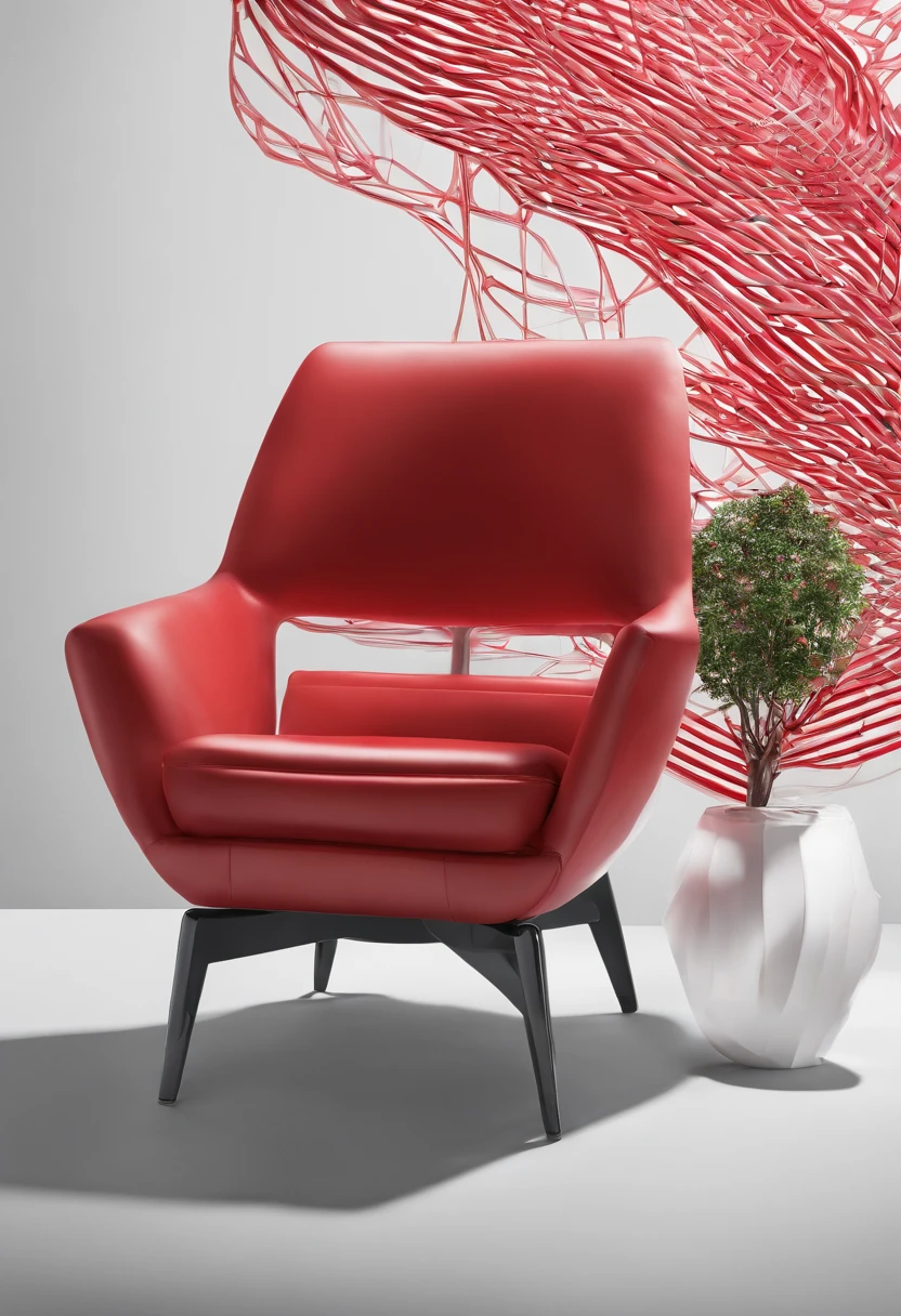 Uma imagem minimalista com uma poltrona ultramoderna vermelha com detalhes em inox em um fundo totalmente branco, The only additional element is the shade of the chair. foto de comercial estilo e elegancia