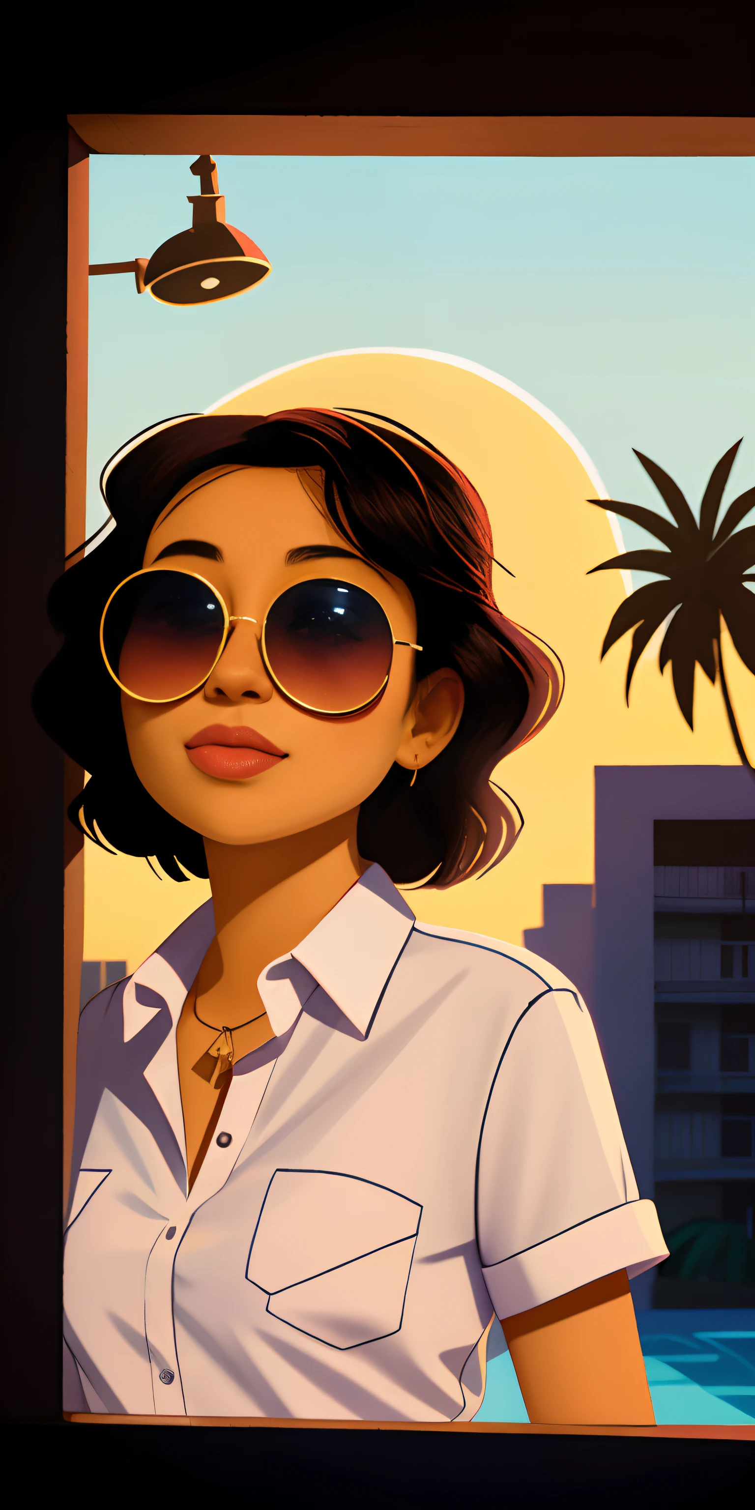 Araffes woman wearing a white shirt and sunglasses in front of a building, imagem de perfil, Foto do perfil, foto do perfil, Foto do perfil, Violeta Myers, com o sol brilhando sobre ele, inspirado por Ion Andreescu, taken in the early 2020s, Foto de perfil do headshot, cynthwave, with sunset, imagem de qualidade muito baixa