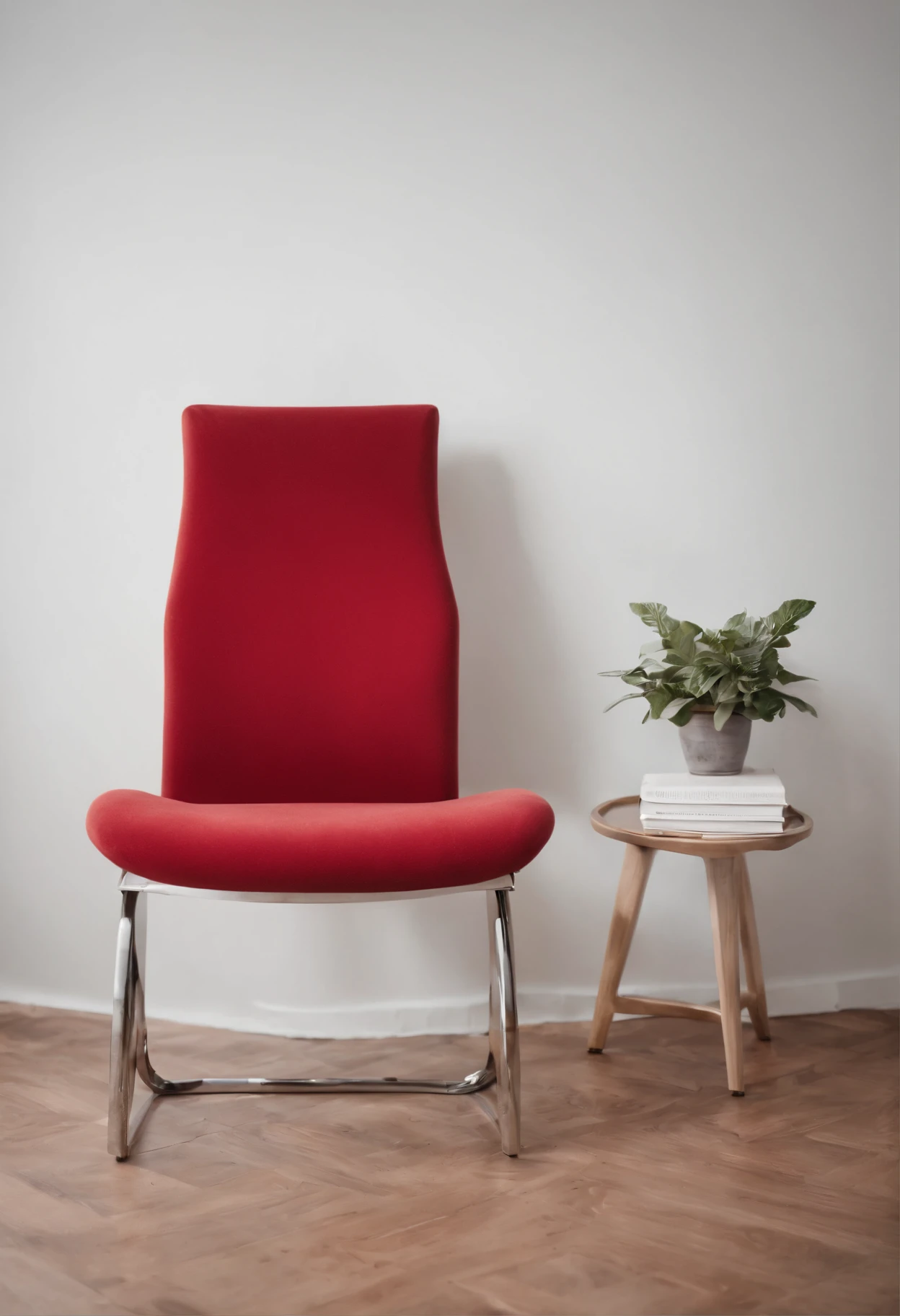 Uma imagem minimalista com uma poltrona ultramoderna vermelha com detalhes em inox em um fundo totalmente branco, The only additional element is the shade of the chair. foto de comercial estilo e elegancia