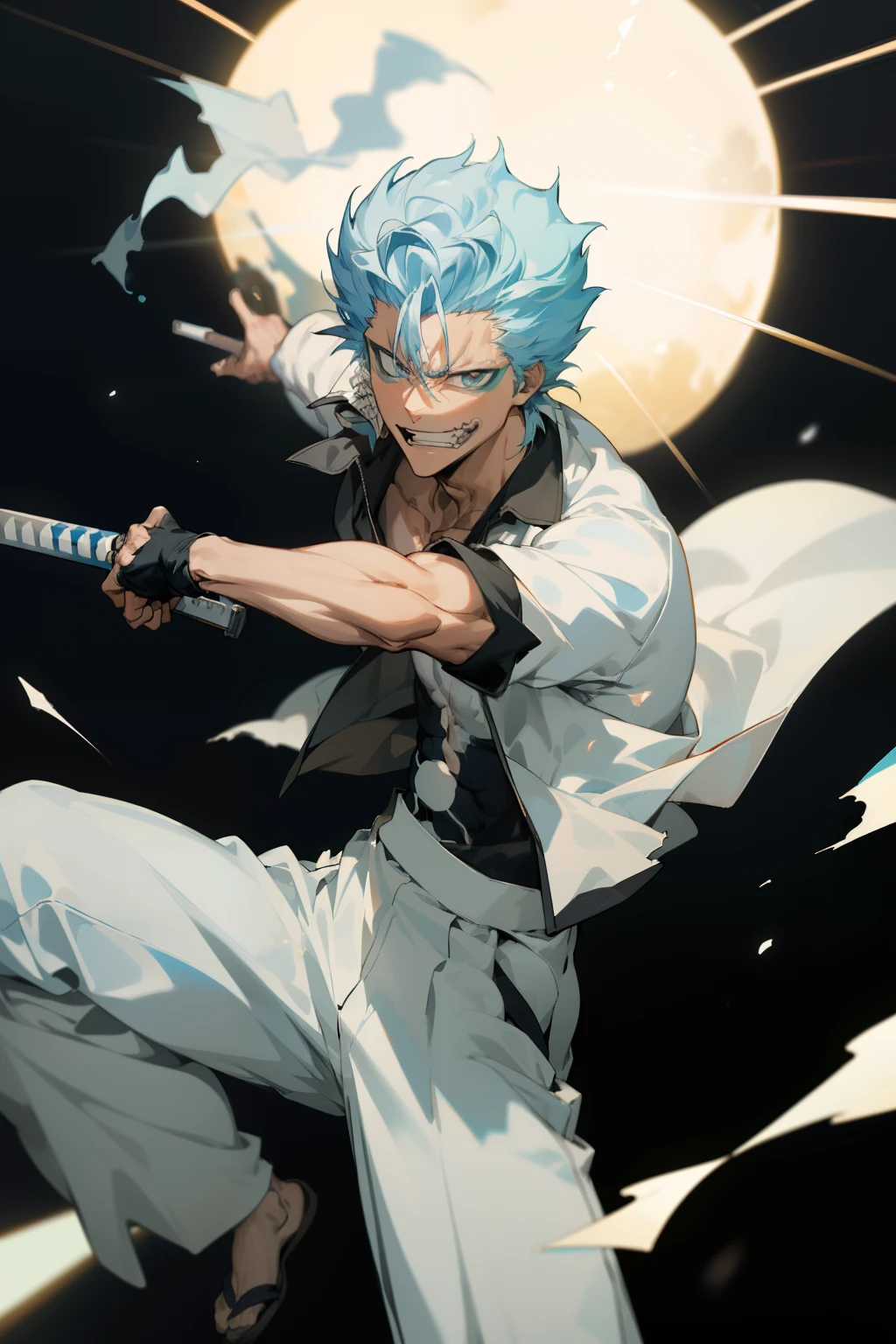 masterpiece, best quality, 1boy, grimmjow jaegerjaquez, at night, night, low light, natural light, fighting pose, white pants,  white jacket, smiling with tongue out, damaged clothes, damaged skin, street, japanese street, low light, light rays, aura power, floating particles, doing a power,  holding a katana, zanpakutou, angry eyes, angry face, smiling, looking ahead, male focus, strong muscles, movie composition, deth of field, bokeh