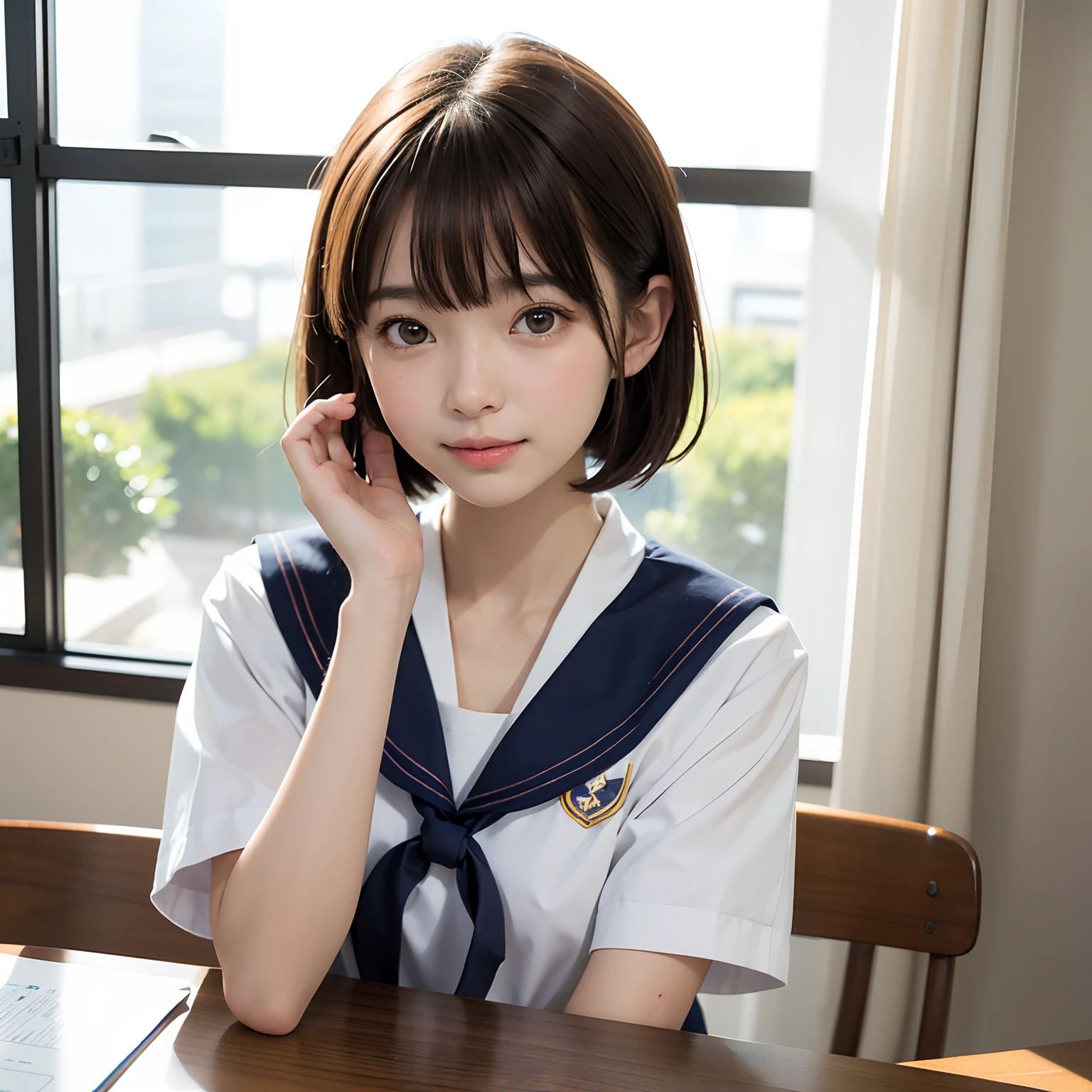 (masutepiece, Best Quality:1.2), 8K, Official art, Raw photo, Full Bord Bill Four、Listen to lessons in the classroom、sit a chair、Front desk、pulling the hands up、Hit by a teacher、校服、Cute smile、skinny、years、small tits、unbelievable Ridiculous, (Upper body, 校服、a sailor suit:1.4), Beautiful Girl, Pretty Face, arching back down,、Gold hair ornament on hair、A dark-haired、bob、close up, Sailor Suit, Short sleeve, violaceaess, Teen, Looking at Viewer, Film grain, chromatic abberation, Sharp Focus, face lights, Dynamic lighting, Cinematic lighting, Eyes and faces with detailed, Bokeh background,