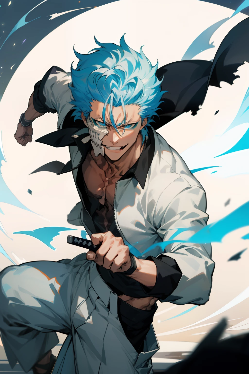 masterpiece, best quality, 1boy, grimmjow jaegerjaquez, at night, night, low light, natural light, fighting pose, white pants,  white jacket, smiling with tongue out, damaged clothes, damaged skin, street, japanese street, low light, light rays, aura power, floating particles, doing a power,  holding a katana, zanpakutou, angry eyes, angry face, smiling, looking ahead, male focus, strong muscles, movie composition, deth of field, bokeh