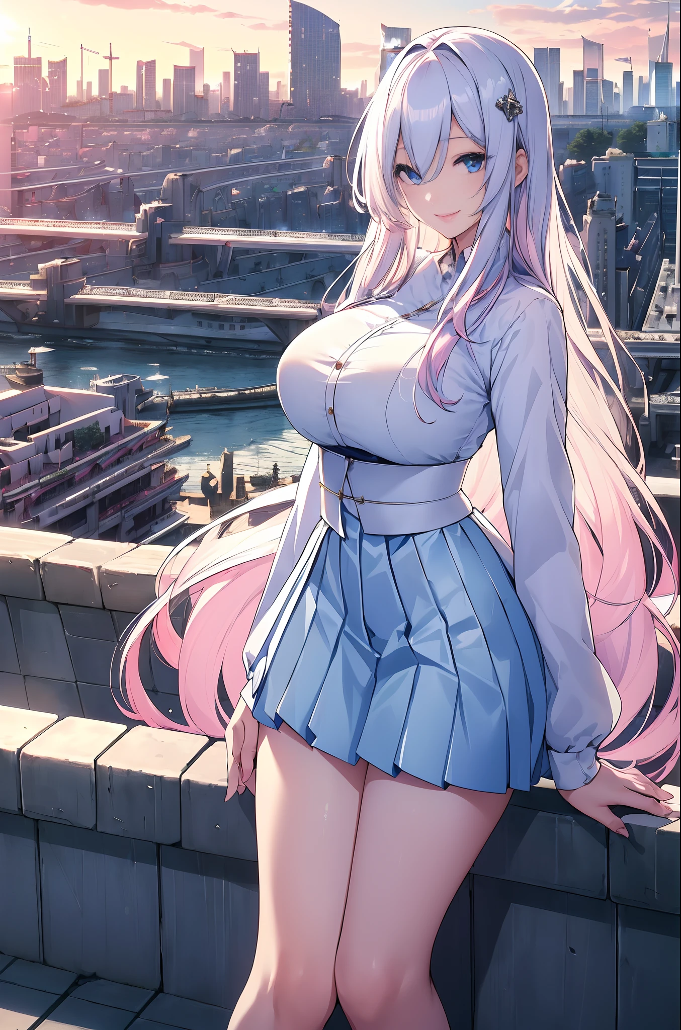 official art, masterpiece, sharp focus, (beautiful gorgeous cute Korean woman:1.3), (beautiful cute korean:1.3), korean beauty, Delicate and beautiful hair and eyes and face, realistic, ultra detailed, beautiful girl, blue sky, glow white particle, (sidelighting:1.2), sun light, white cloud, detailed clouds, slender, Lovely very large breasts and very large hips, smile with teeth, ((smile with eyes, open both eyes)), scenery, long straight hair, sexy facial expression, building, (cityscape:1.7), dynamic hair, long straight hair, detailed platinum pink hair, glow blue eyes, (blue pleated shirts + white skirt), white long socks, pale skin, hair ornament, epic scenery,