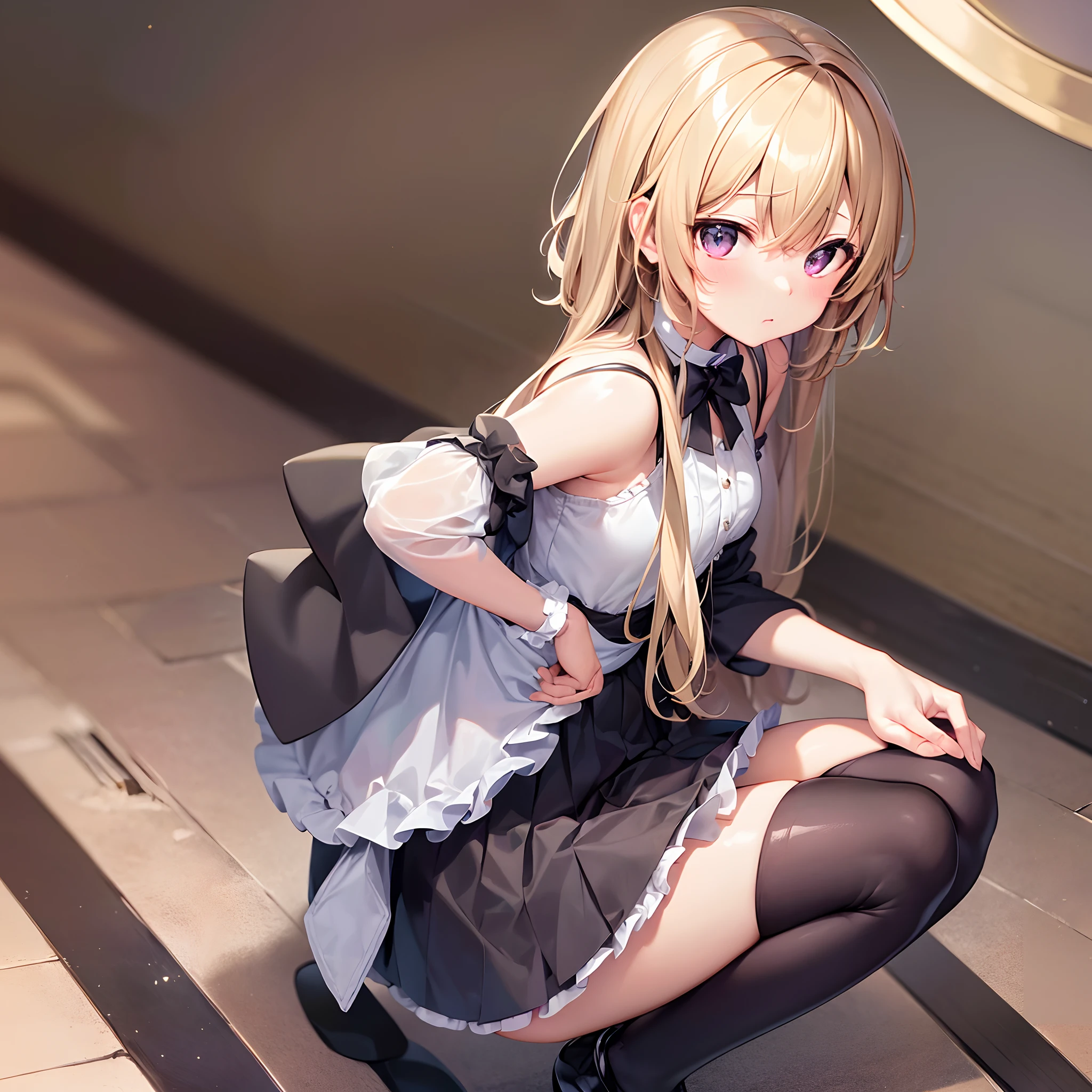 Best Quality, kirisame marisa, petite and chubby body, Staring at me with puzzled eyes, Thunderleg, Squatting, Cute, Sparkling eyes, one girl