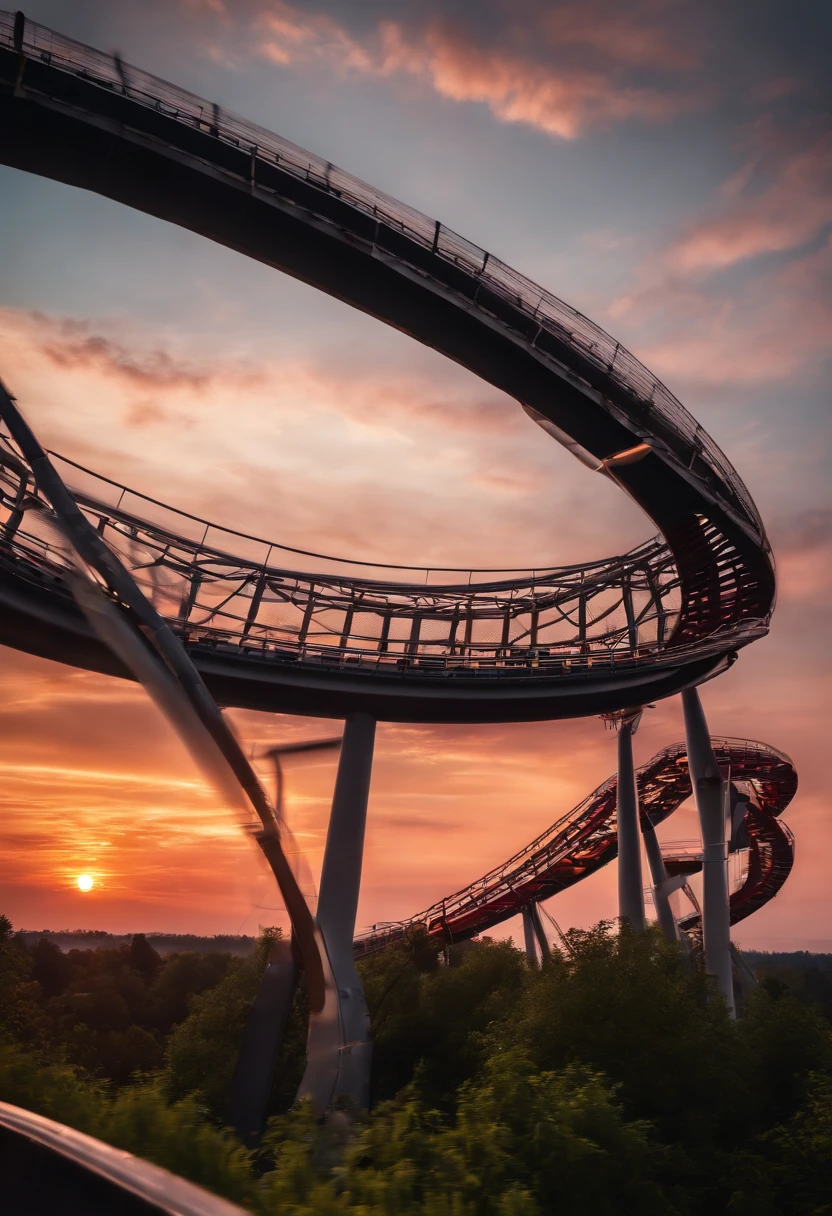 (best quality,highres,realistic:1.37),sunset,roller coaster,Germany,beautiful landscape,thrilling ride,steel structure,adrenaline rush,spectacular view,dynamic tracks,twists and turns,excited passengers,screams of joy,summer evening,breathtaking colors,painted sky,bokeh lights,photography style,fiery horizon,vivid orange and pink hues,sharp focus,silhouettes of trees,clouds illuminated by the setting sun,romantic atmosphere,adventure,fun,memorable experience.