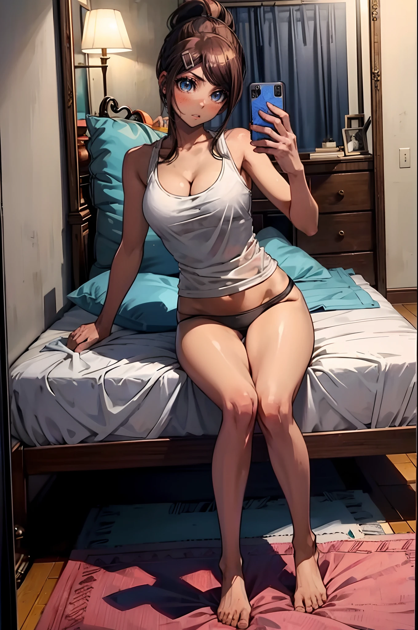 Aoi Asahina, (1girl), wearing white vest, black panties, bare feet, mirror selfie, messy bedroom, sexy body, best quality