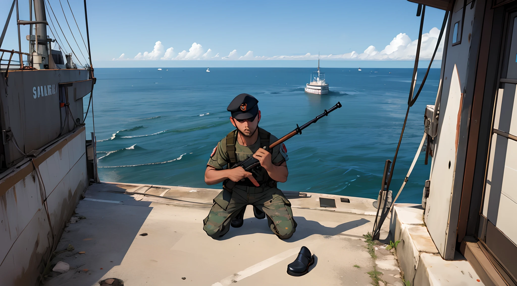 Soldado da marinha brasileira na frente do navio da marinha