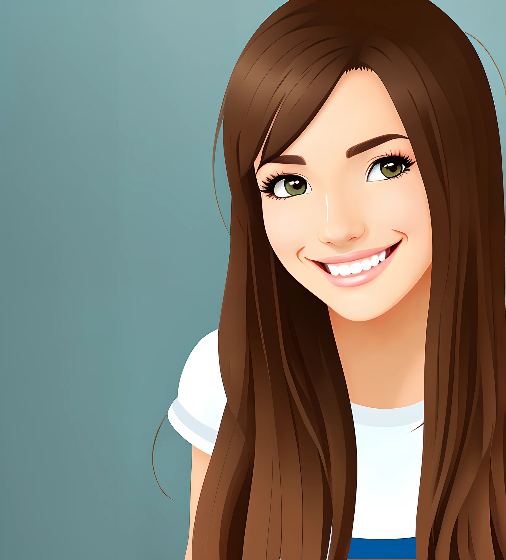 Cartoon picture of a 25 year old cute girl with arabic and german ethnicity. She has brown hair and brown eyes and shes looking into the camera while smiling sympathetically