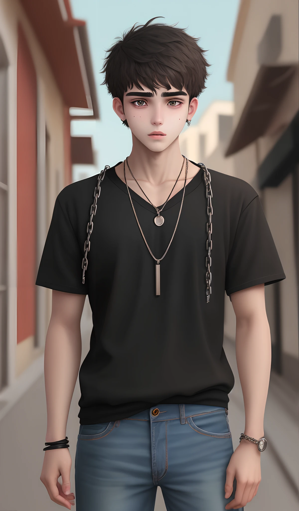 Adolescente estudante emo com franja em seu olho esquerdo, Male with a chain around his neck, casaco vermelho com quadrados pretos, magro, wearing jeans, HD alta qualidade, pele morena.