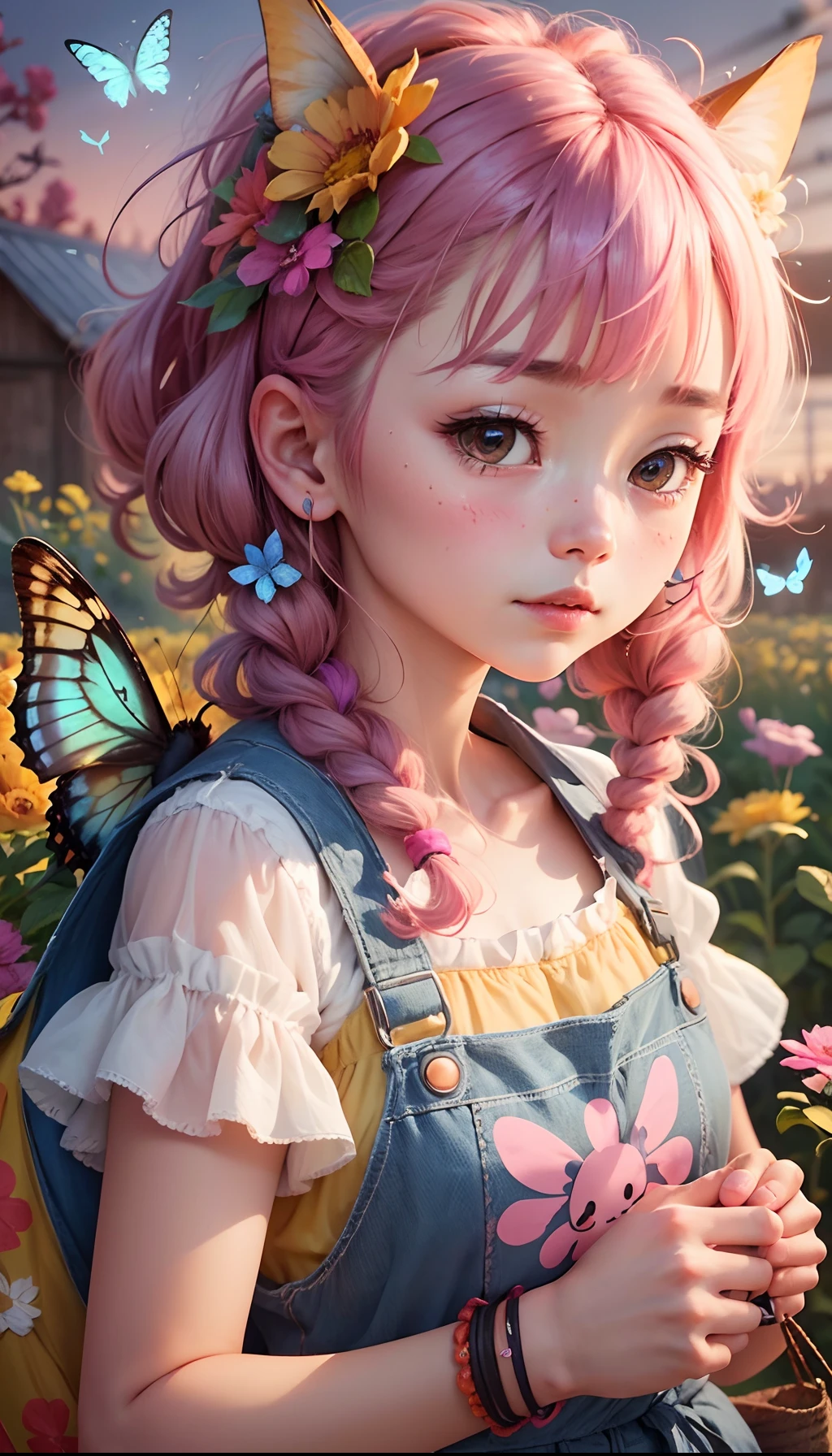 cute stickers, style cartoon, cute Super Deformed Character, high quality, 8K Ultra HD, colorful, pink, orange, blue, yellow, detailed illustration of a beautiful cute kawaii woman doing farm work, beautiful cute kawaii vegetable farmer, wearing a flower hair ornament, Many butterflies are flying in the background, highly detailed, by yukisakura, awesome full color, --auto --s2