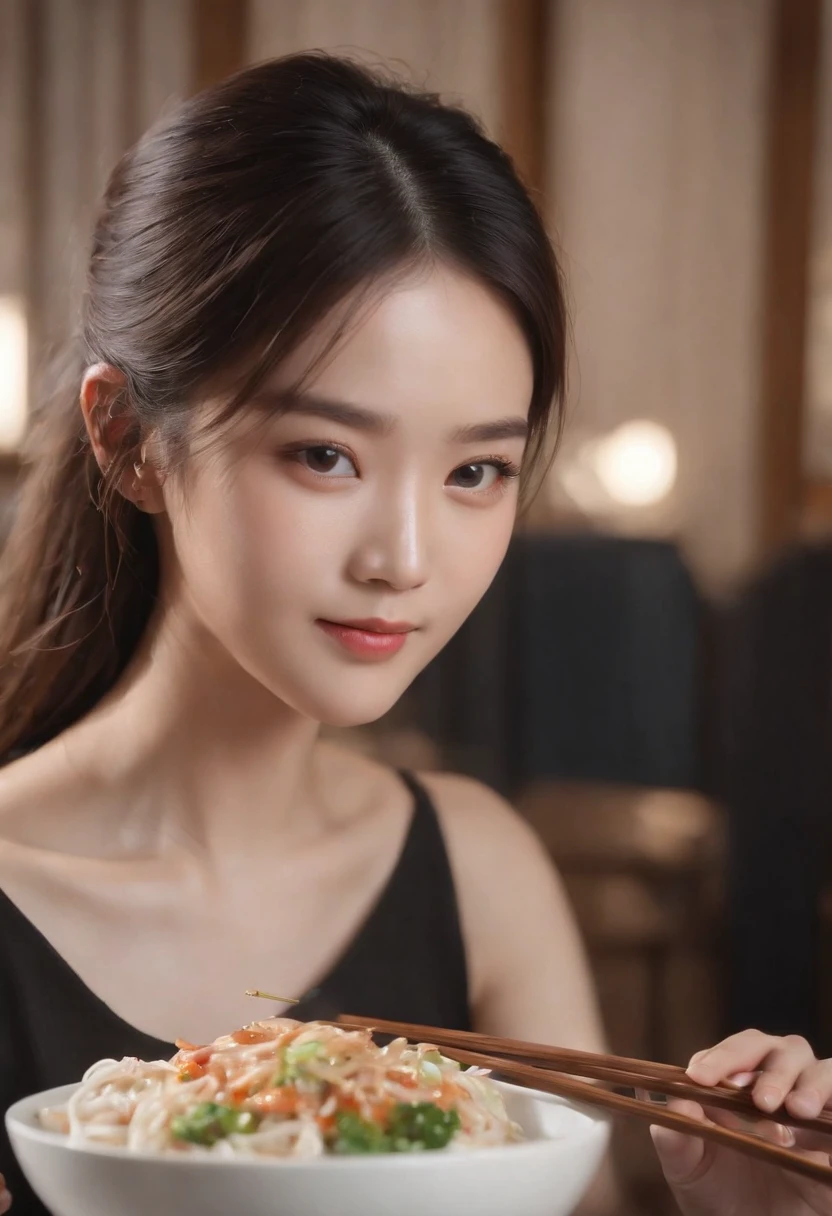 10,professional shadow、detaild、Real Skin、crisp focus、eye focus、master-piece、最高品質、realistic details、sharp photo、Hentail realism、high-res、Smiling Asian beauty eating noodles、22 years old、Medium black hair,College Girl、Hold chopsticks.、Kind eyes、Solid color backdrop