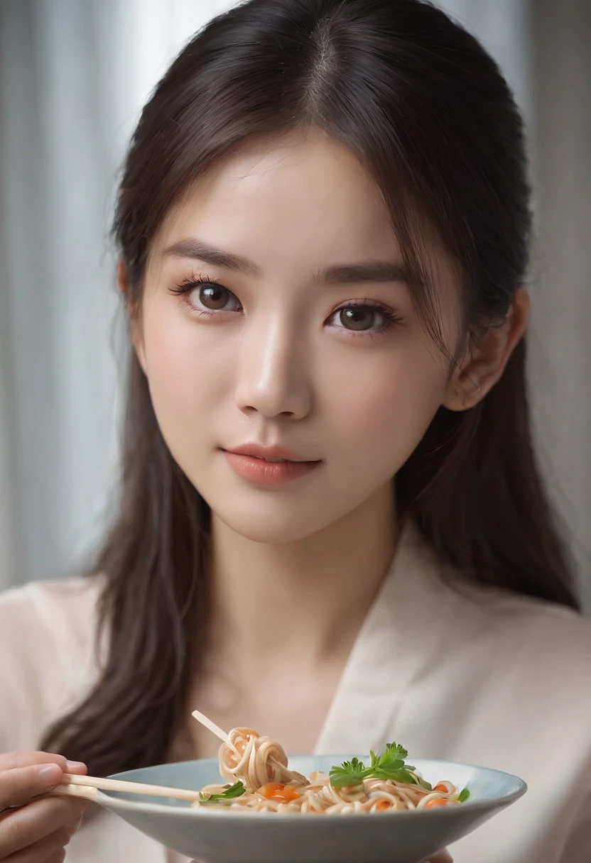 10，professional shadow、detaild、Real Skin、crisp focus、eye  focus、master-piece、最高品質、realistic details、sharp photo、Hentail realism、high-res、Smiling Asian beauty eating noodles、22 years old、Medium black hair，College Girl、Hold chopsticks.、Kind eyes、Solid color backdrop