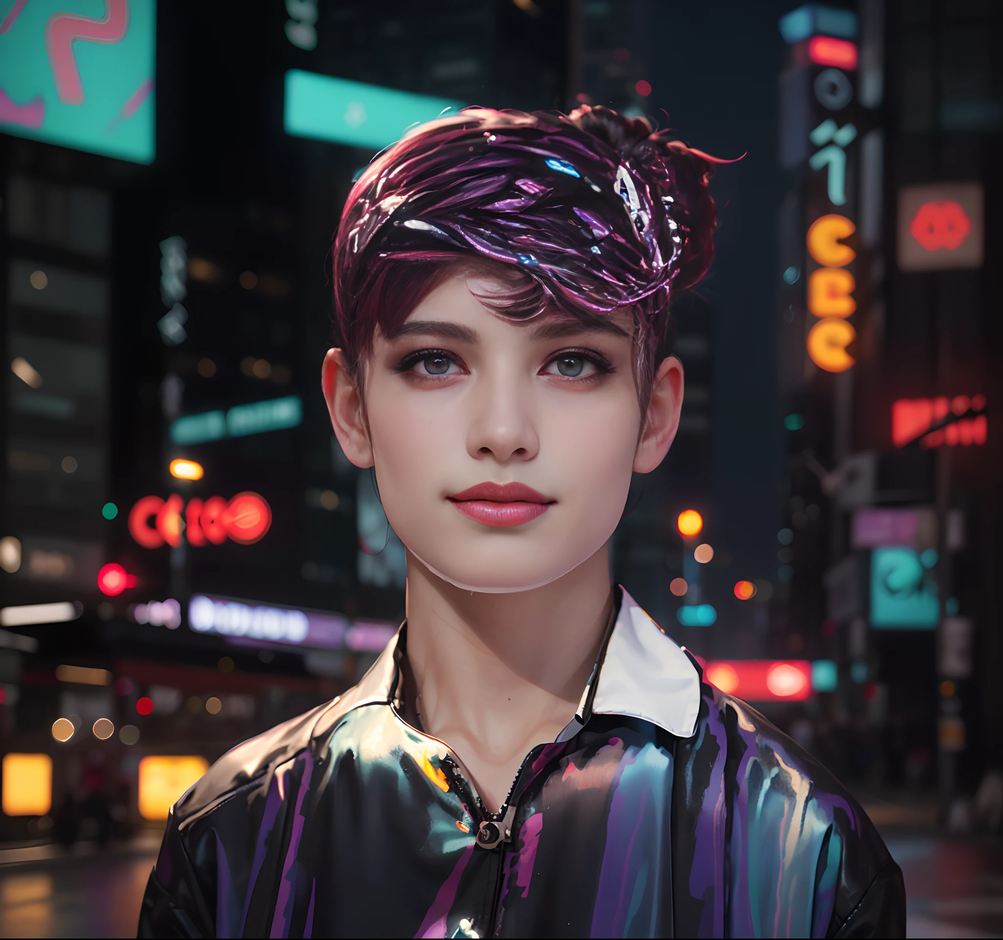 masterpiece, best quality, Confident cyberpunk girl, full body shot, ((standing in front of motorcycle)), Harajuku-inspired pop outfit, bold colors and patterns, eye-catching accessories, trendy and innovative hairstyle, vibrant makeup, Cyberpunk dazzling cityscape, skyscrapers, neon signs, LED lights, bright and vivid color scheme, anime, illustration, detailed skin texture, detailed cloth texture, beautiful detailed face, intricate details, ultra detailed.