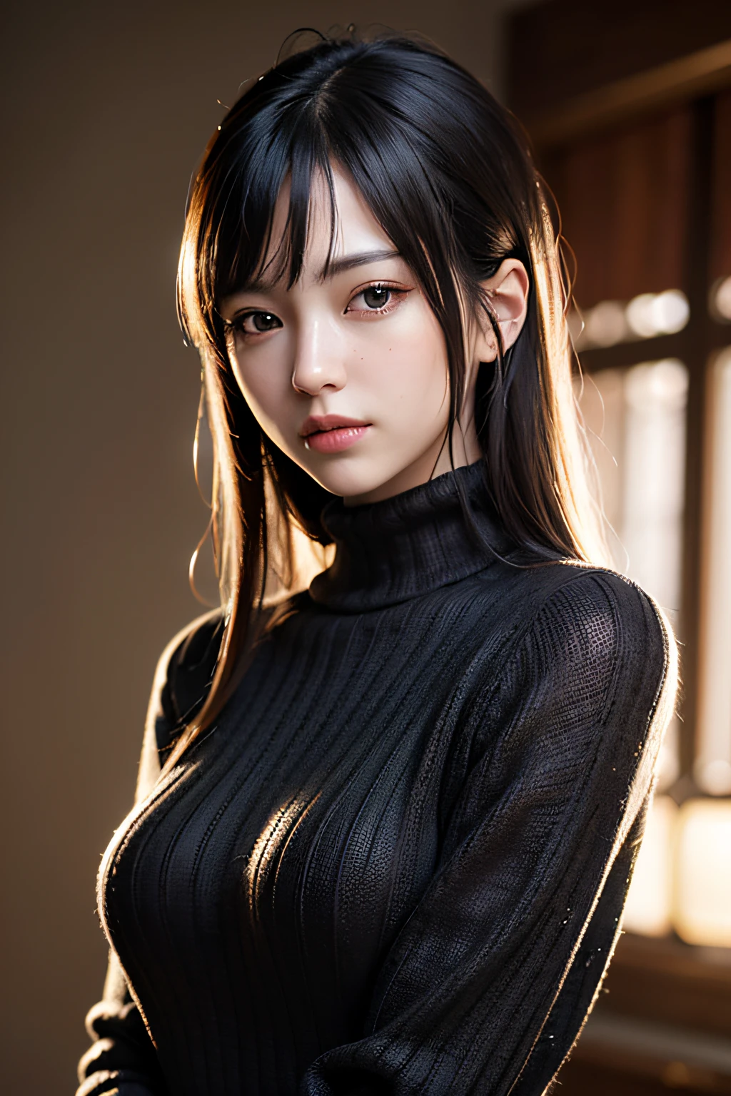 ultra high res,masterpiece,best quality,
very detailde face,detailed eyes,extremely intricate,perfect glossy shiny skins,perfect lighting,detailed lighting,dramatic shadows,ray tracing,
1girl,upper body,black sweater,looking at viewer,