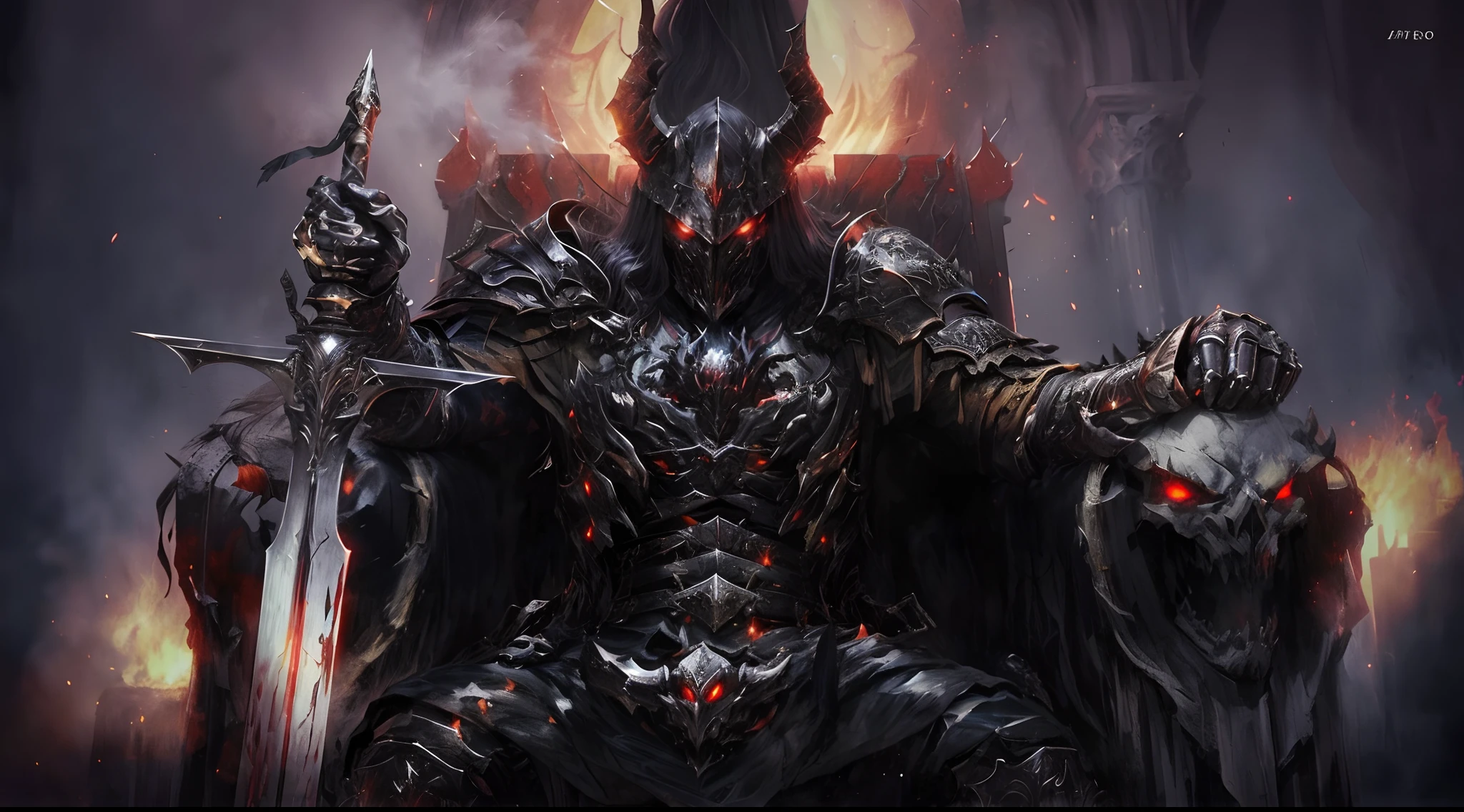 Image of a demonic knight sitting on a throne with a sword, Senhor de Cinder, cavaleiro do mal, Senhor do Inferno no Trono, O Senhor das Trevas Sauron, conceito de alma escura, Berserk Skullknight Armadura Negra, arte conceitual dark soul, arte conceitual digital diablo, in style the seated demon, arte conceitual diablo, Overlord, Demon Lord
