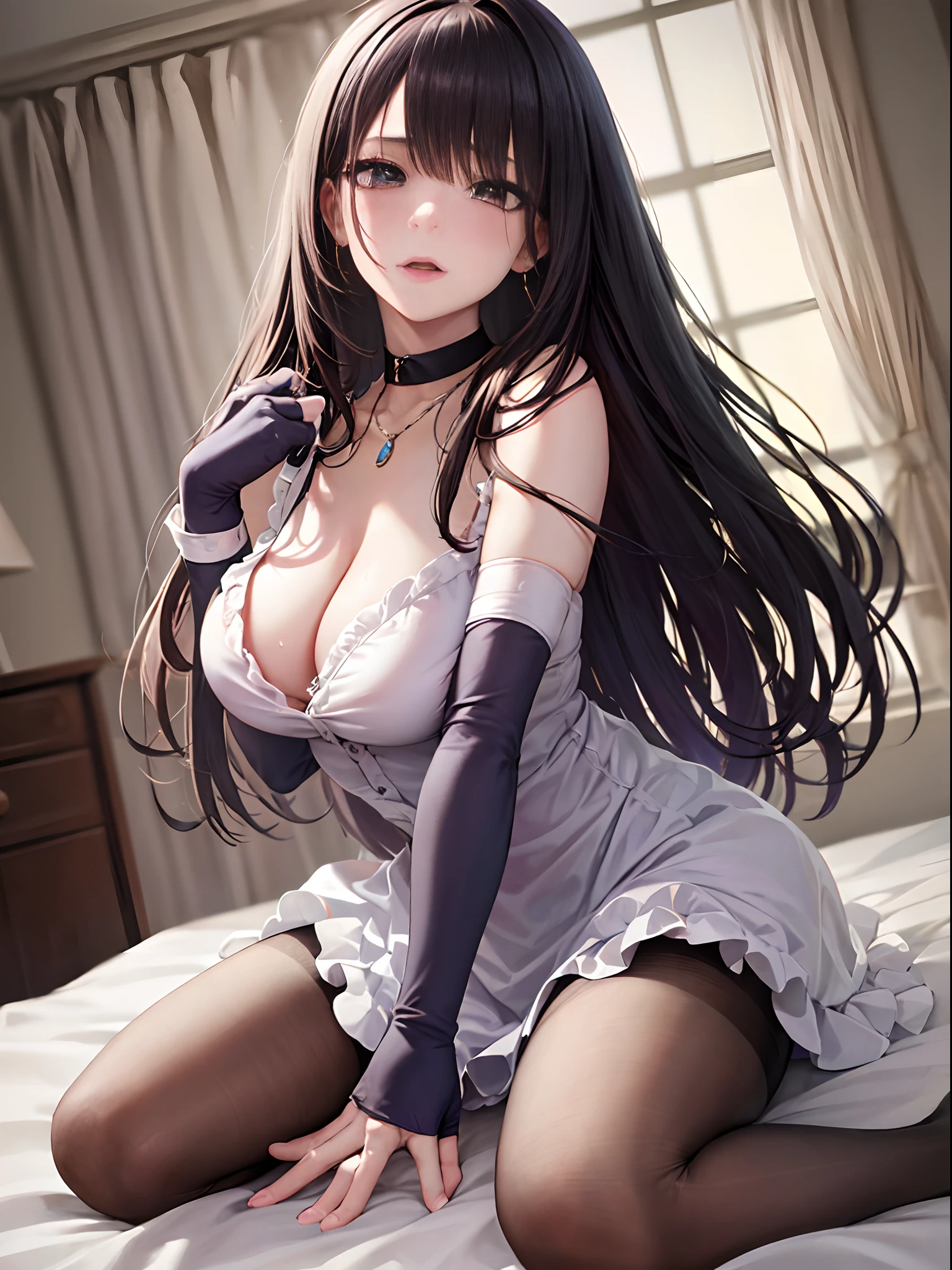 photorealisim、top-quality、超A high resolution、a picture、Exquisitely beautiful photos of Scandinavian-born women、Extraordinary beauty、perfectbody、Biologically accurate、Highlights of cheek luster、Detailed cute and beautiful face、(pureerosface_v1:0.008)、Beautiful bangs、Glowing white shiny skin、Bangs between the eyes、shiny and beautiful hair、Silky hair、finer hair、High-definition eyes、Beautiful, Bright and clear, Big eyes shine charmingly、eye liner、Double eyelids、Full body like、dismay、red blush、embarrassed from、glares、 shiny little necklace and earrings, shiny lips: 1.4,  humiliated、impatience、dismay、（Frightened:1.8）、glares、Soft breasts、cleavage of the breast、hiding chest with hands、hide crotch with hands、lift up one's skirt、red blush、embarrassed from、I see underwear、Open knees、open one's legs、Masturbation behavior、Disheveled clothes、Dressing、White blouses、Stockings、Wearing sweat、Neat and clean woman,25 years old, 1 persons、（maid clothes:1.8）、large full breasts、sexual excitement、Masturbation behavior、a large amount of white mucus all over the body,、Wavy Hair, bangs flowing diagonally, Medium Hair, Blue-gray eyes、 In the hotel in the middle of the night, Sit on the bed、
