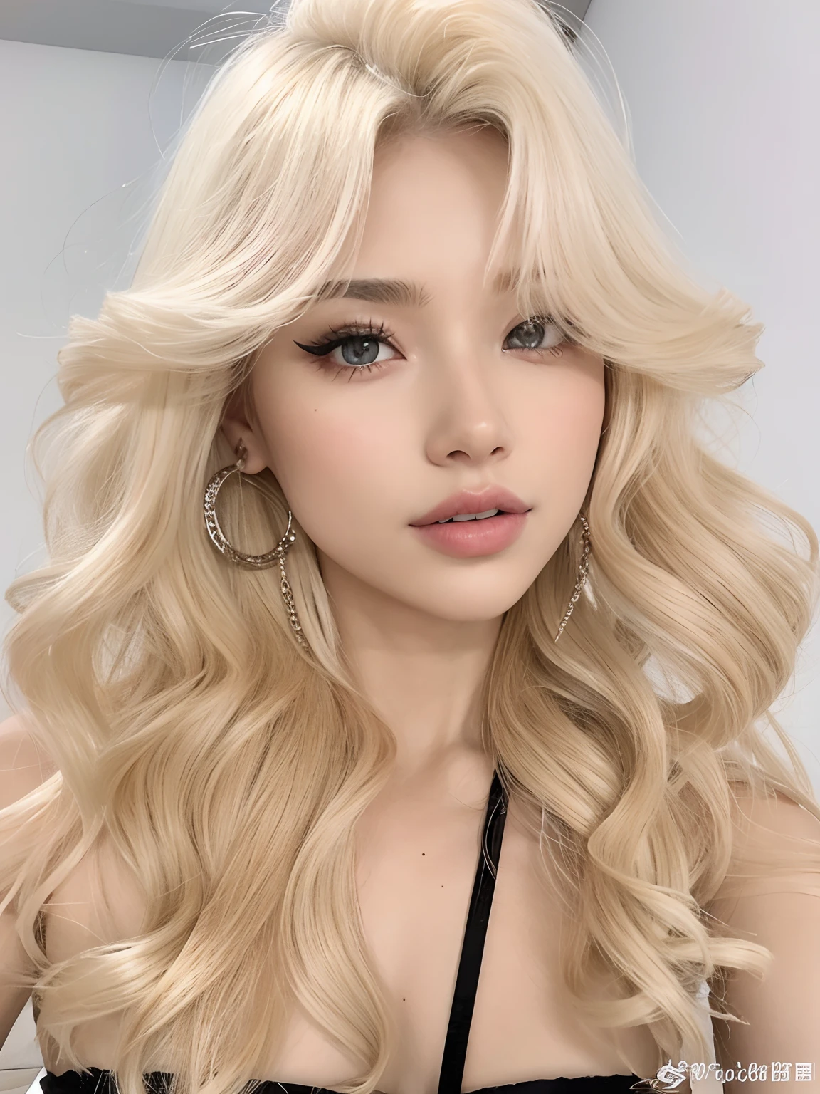 Un primer plano de una mujer con cabello largo y rubio y un vestido negro, ava max, pale skin curly blonde hair, Lalisa Manobal, retrato de kim petras, long cabello rubio y ojos grandes, pelo largo y rubio y ojos grandes, una chica con cabello rubio, cabello rubio y ojos grandes, extremely pale blonde hair, bella delfina