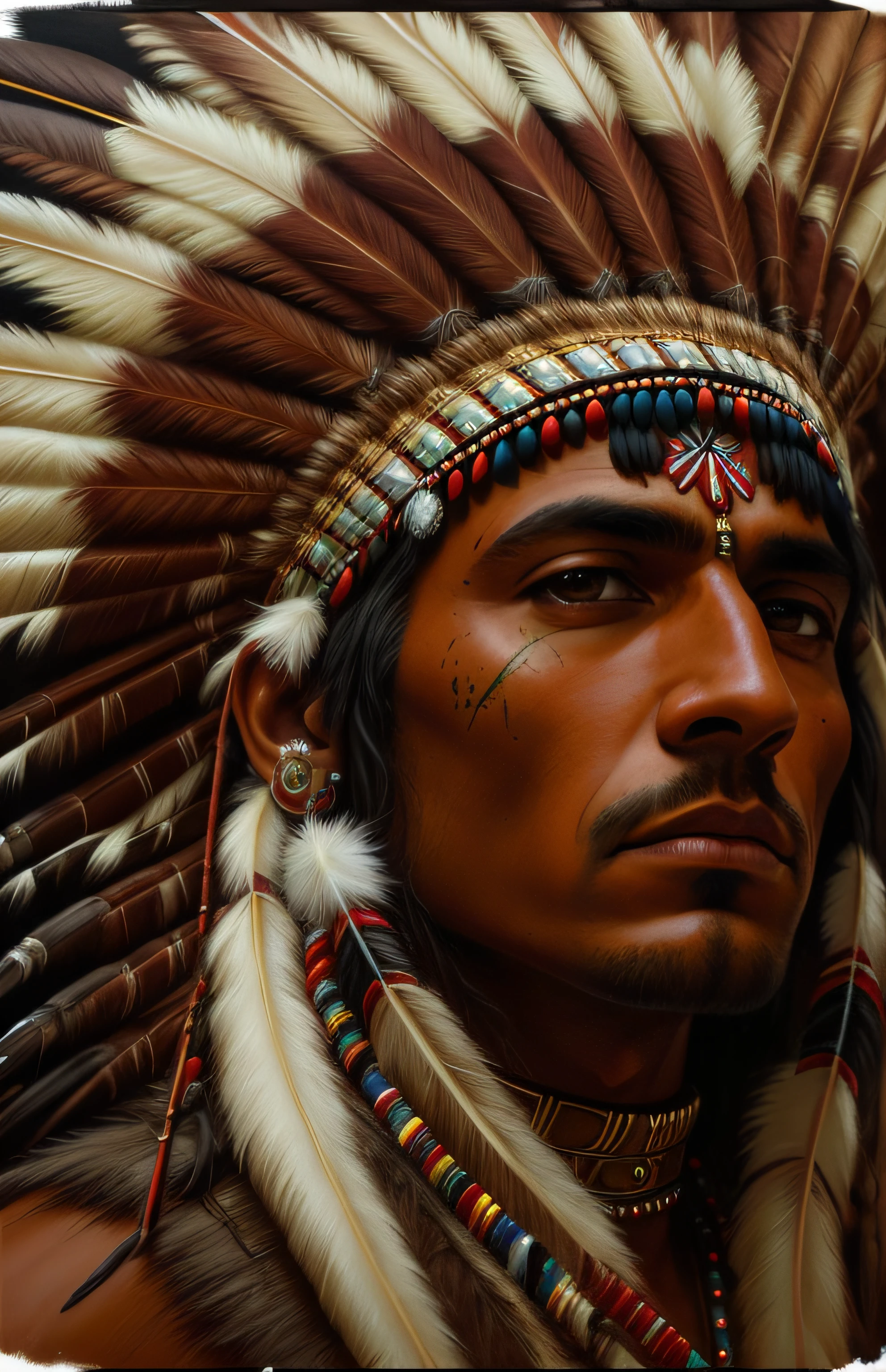 A painting of a native Indian wearing a feathered headdress, Nativo brasileiro, nuvem vermelha, Arte nativa americana, Indian warrior, retrato ultra detalhado, Close portrait, Guerreiro nativo americano, incredibly detailed oil painting, pintura de alta detalhamento, Guerreiro habilidoso do Apache, Um guerreiro nativo americano, very detailed oil painting, Mark Brooks detalhou, pintura altamente detalhada de antigos, Arte nativa