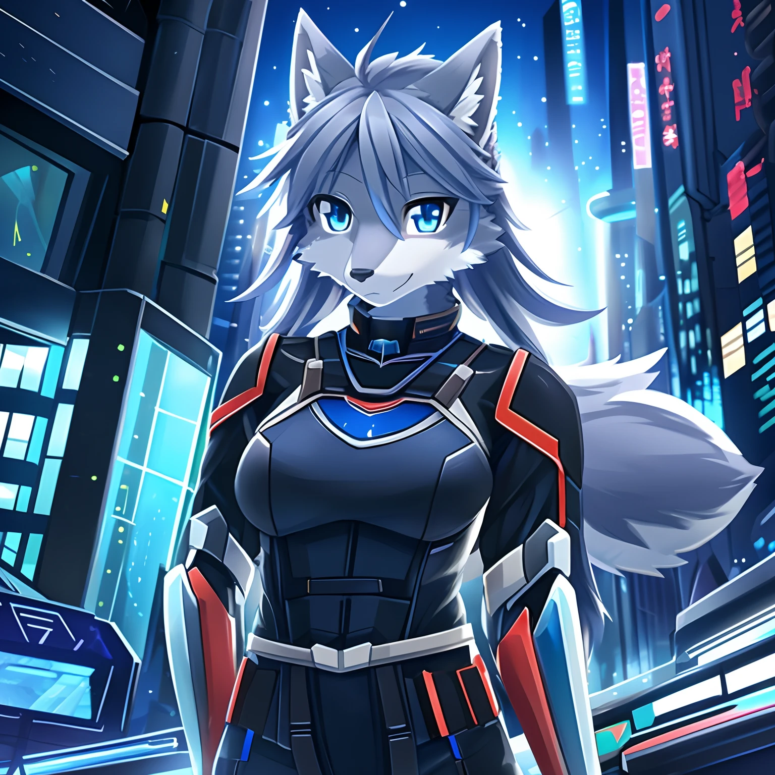 masterpiece, solo, 1girl, Furry, kemono, furry wolf, anthropomorphic, female, blue eyes, (silver fur, silver skin), sci-fi uniform, sci-fi city, uploaded on e621,